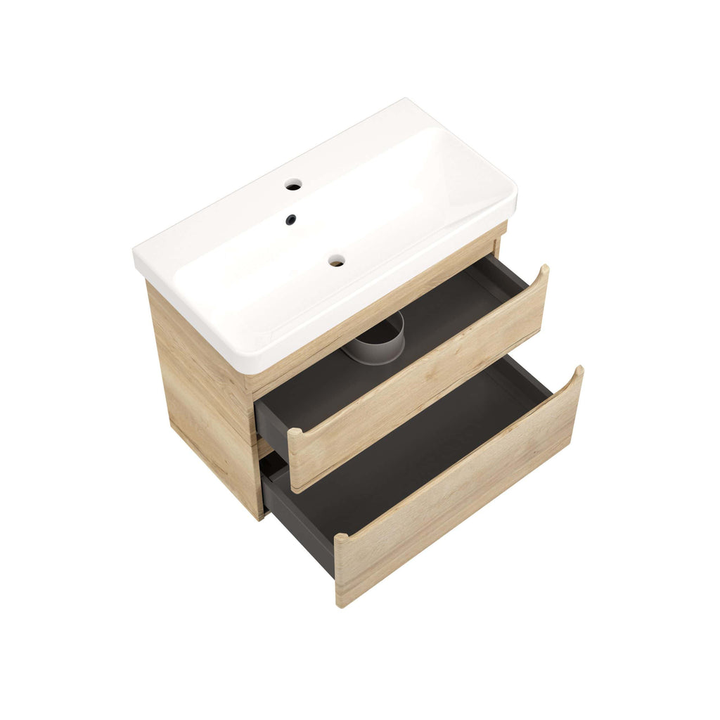 Chrome bathroom vanity unit with a white ceramic sink and light wood finish, featuring two open drawers for bathroom storage and modern design, perfect for contemporary bathrooms.