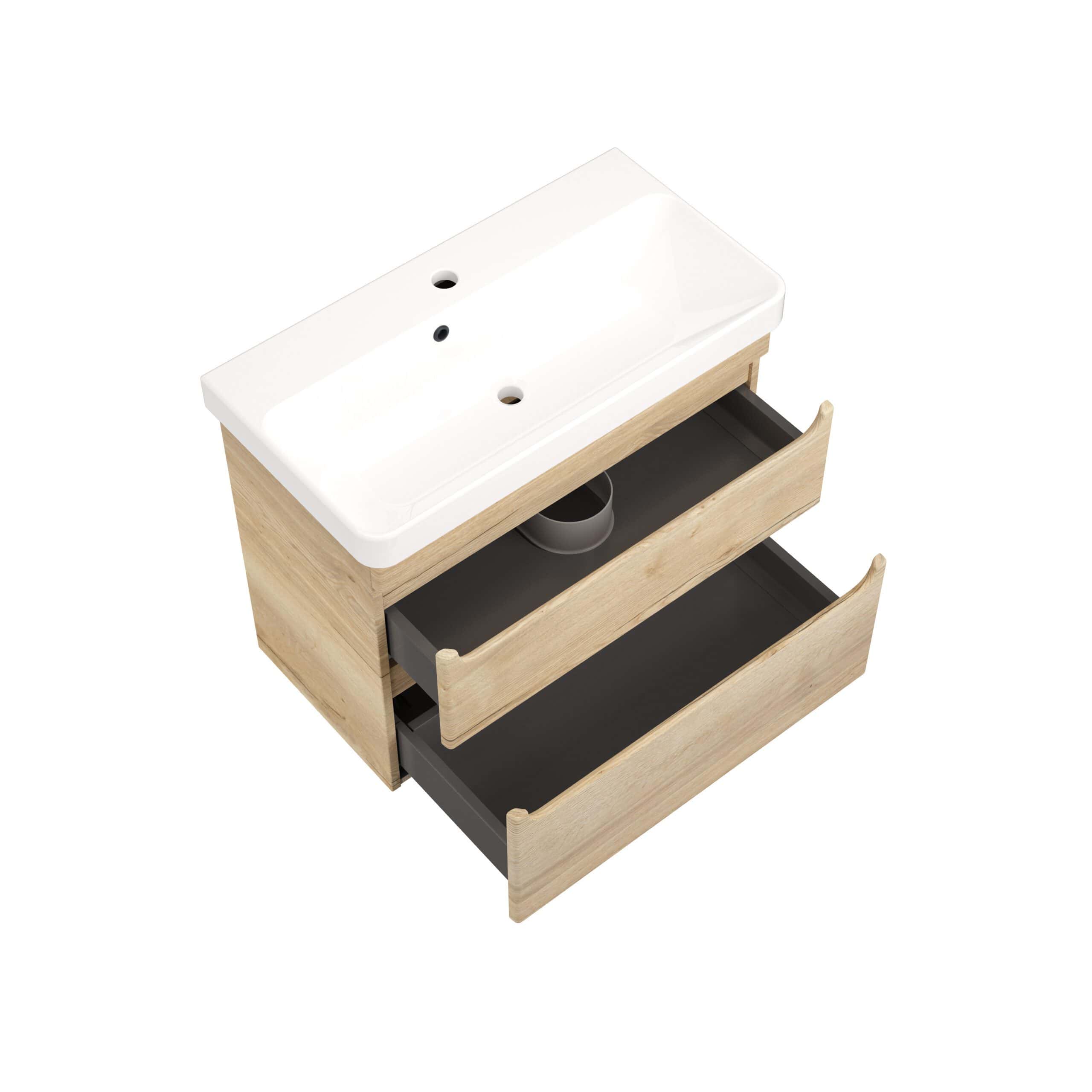 Chrome bathroom vanity unit with a white ceramic sink and light wood finish, featuring two open drawers for bathroom storage and modern design, perfect for contemporary bathrooms.