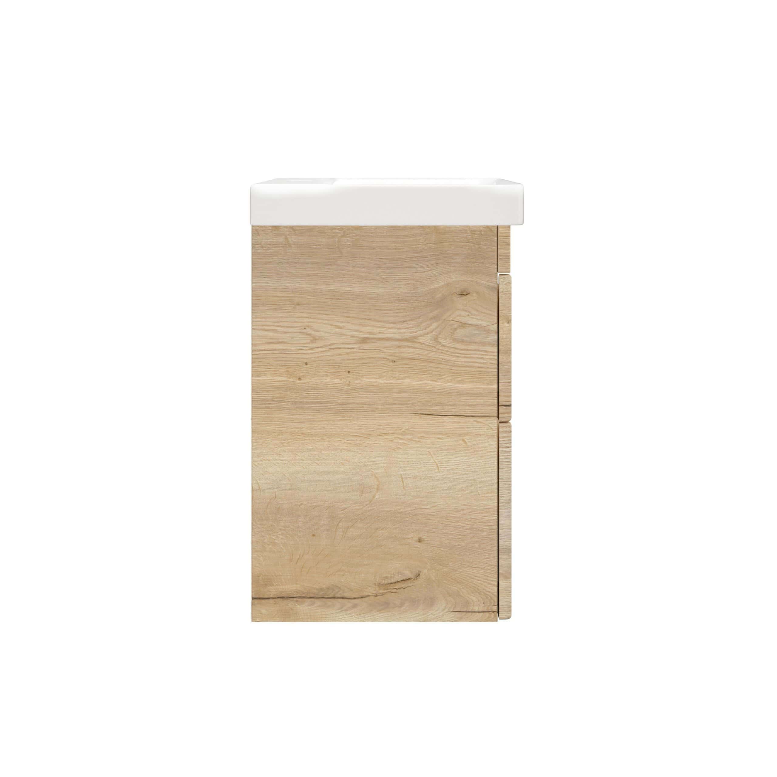 Modern natural wood bathroom vanity with white ceramic sink, sleek design, and ample storage, perfect for contemporary bathroom renovations and stylish interior upgrades.