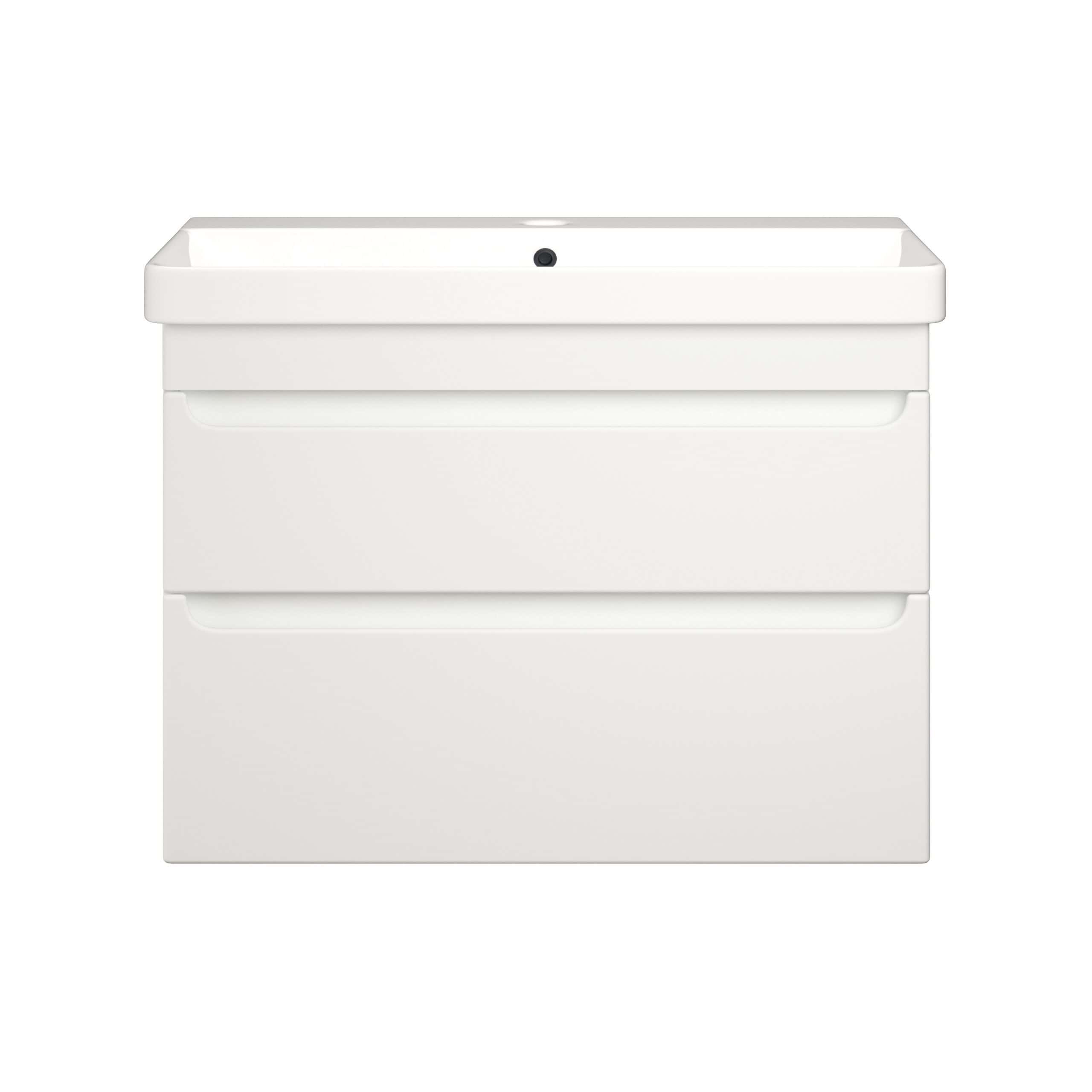 Sleek white bathroom vanity with integrated sink and modern storage drawers, ideal for contemporary bathroom design and optimal space utilisation.