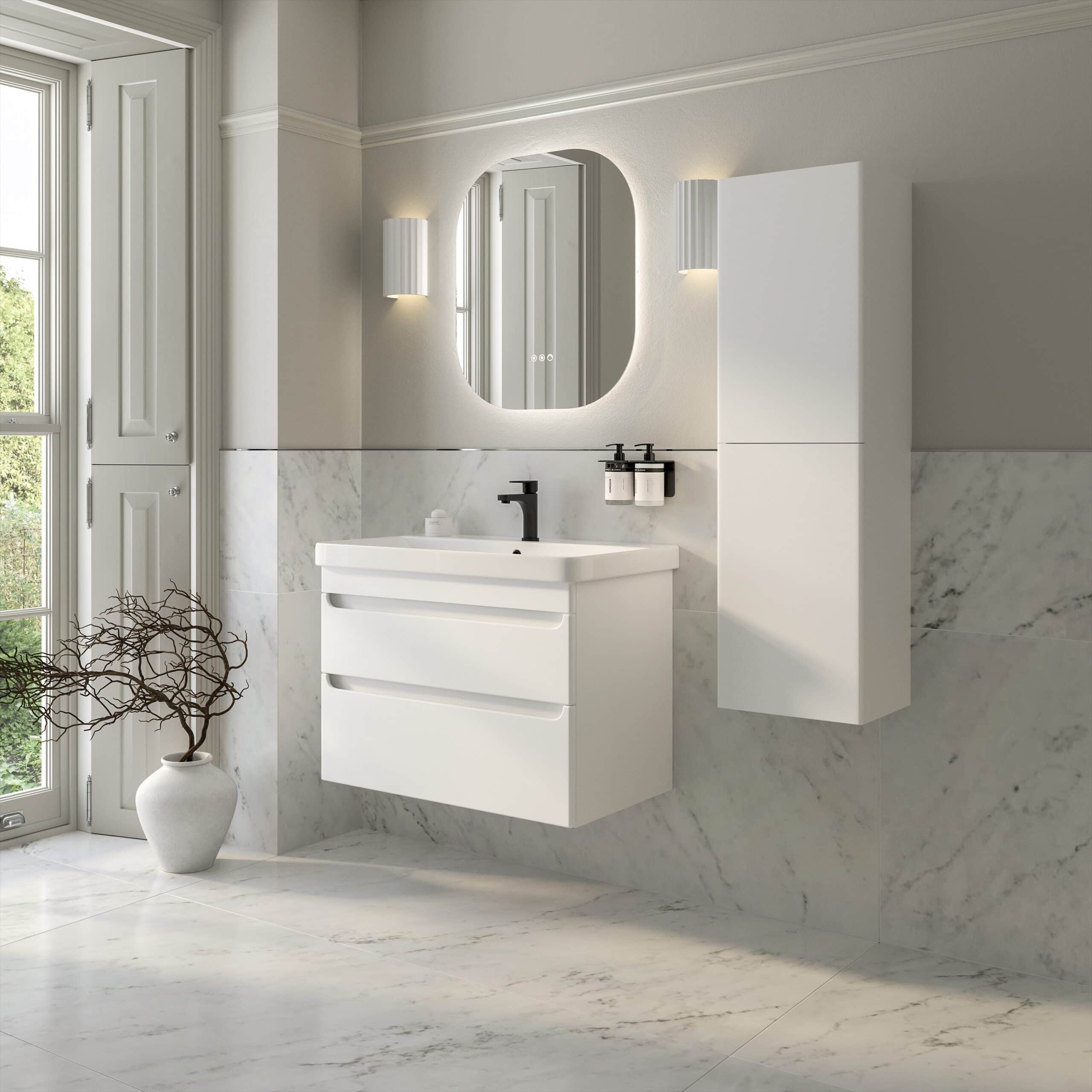 Modern white bathroom vanity with a sleek mirror and wall-mounted storage unit, featuring marble accents and contemporary lighting, perfect for stylish bathroom remodels.