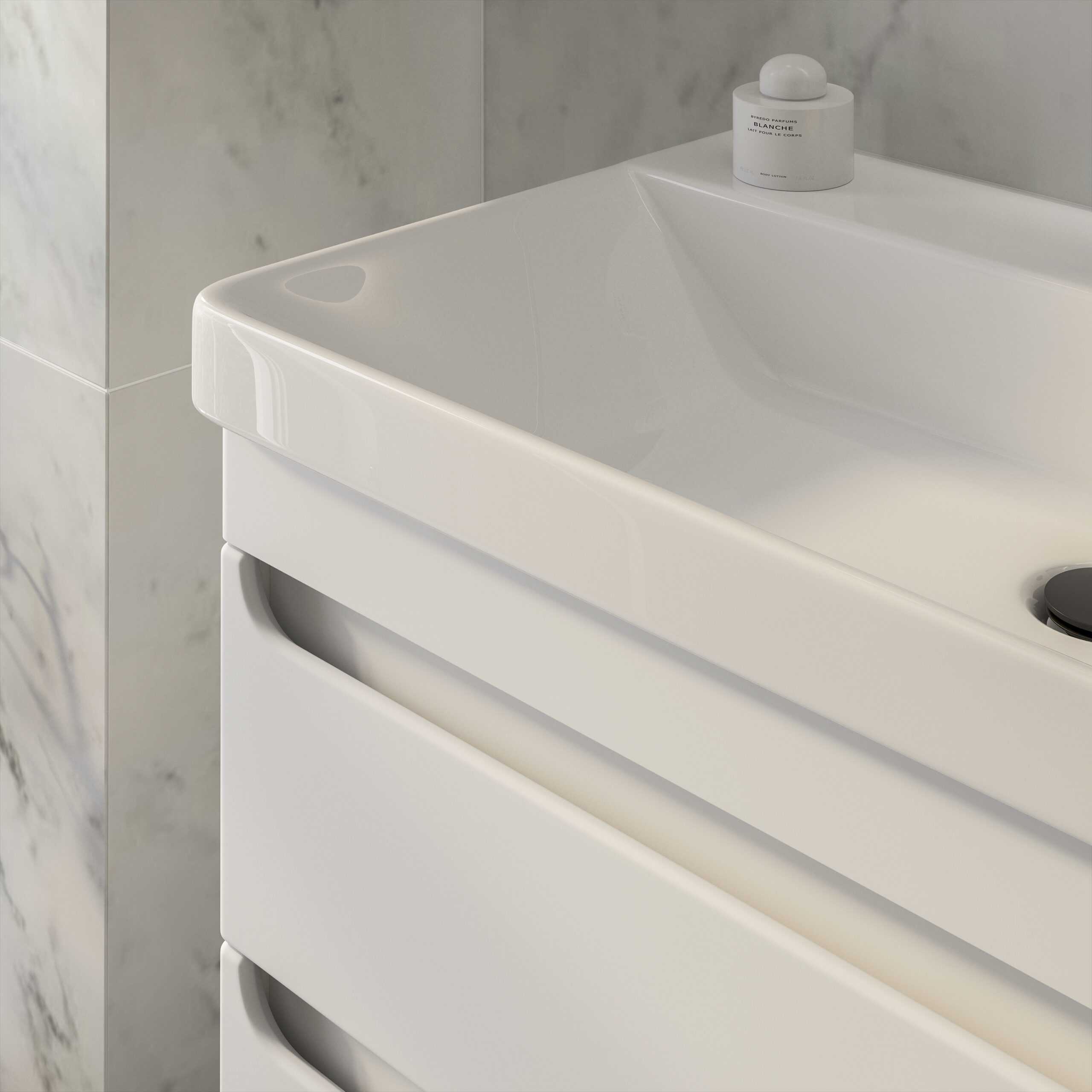 Bright white modern bathroom vanity with sleek drawers, close-up of contemporary design and clean lines, ideal for stylish bathroom remodels and functional storage solutions, with a marble wall background.
