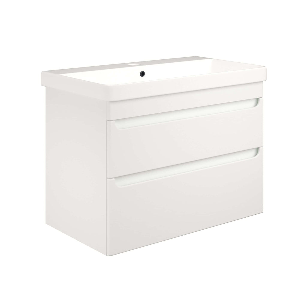 Sleek white bathroom vanity with integrated sink and storage drawers, ideal for modern bathrooms seeking functional and stylish space-saving solutions.