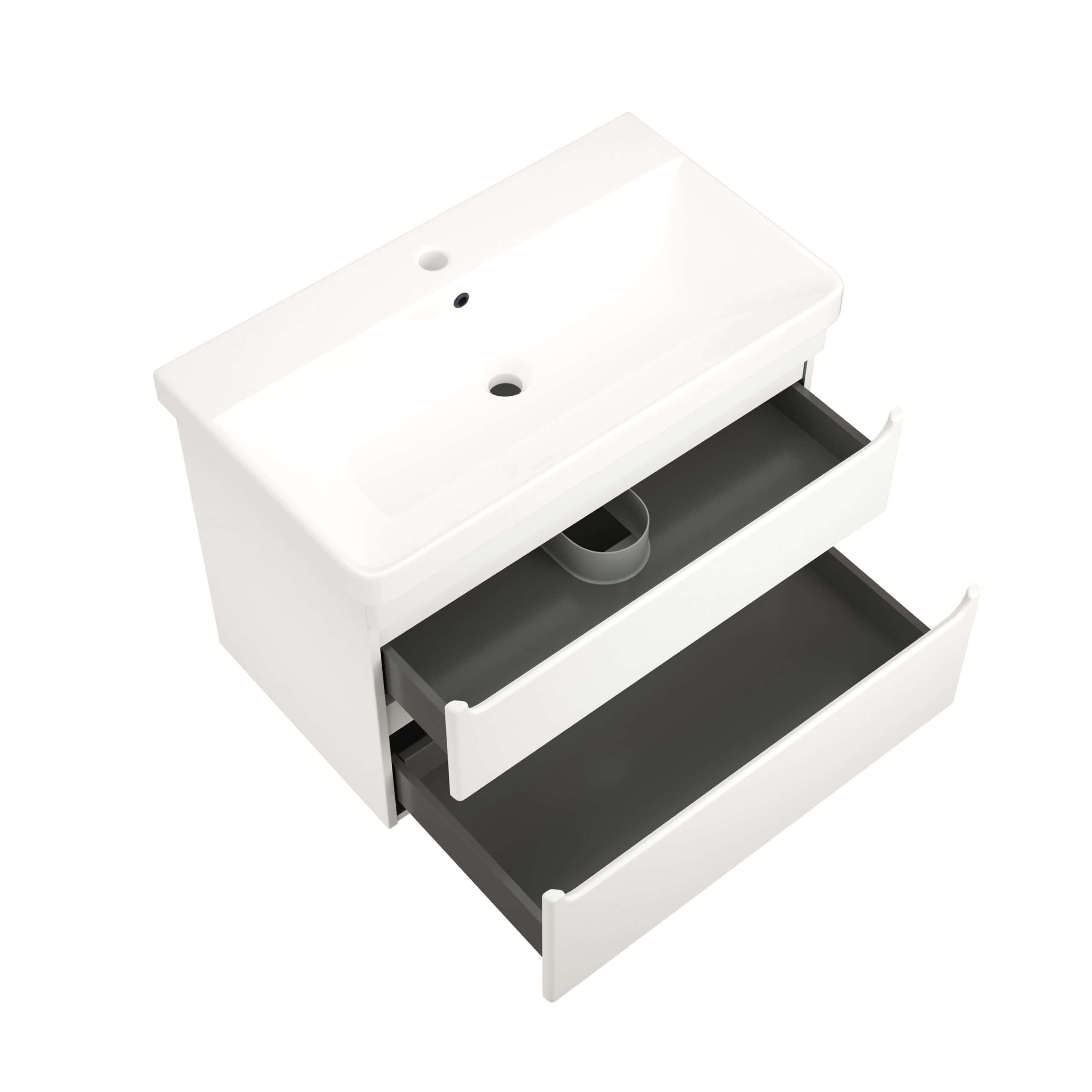 Sleek white bathroom vanity with integrated sink, featuring two spacious drawers for bathroom storage and modern design. Perfect for contemporary bathroom renovations and organising essentials.