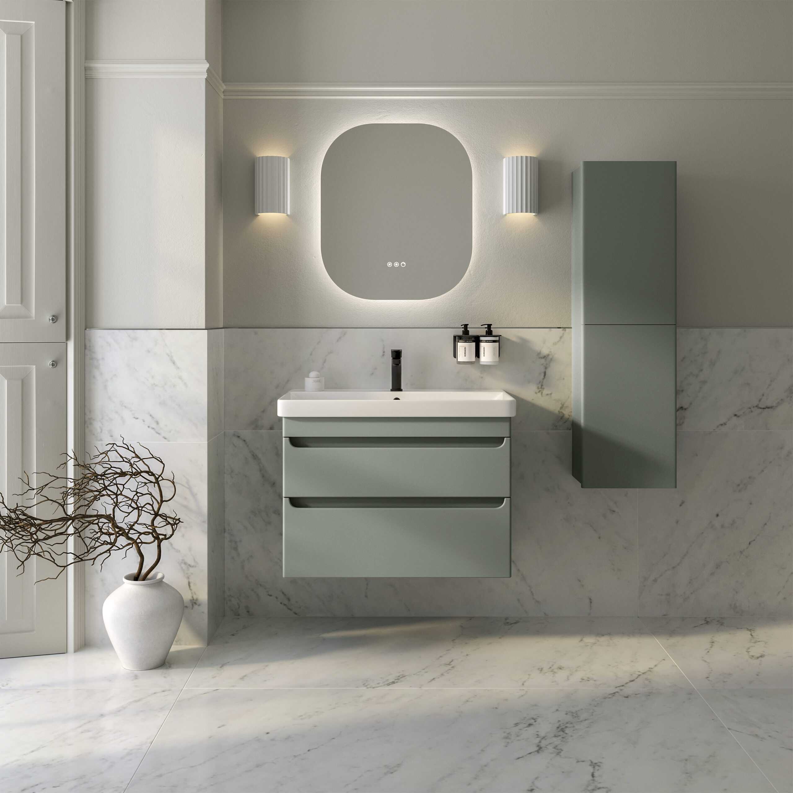 Modern grey bathroom vanity set with wall-mounted cabinet, oval mirror with backlit LED lighting, black fixtures, and marble walls and flooring, creating a sleek and contemporary bathroom space.