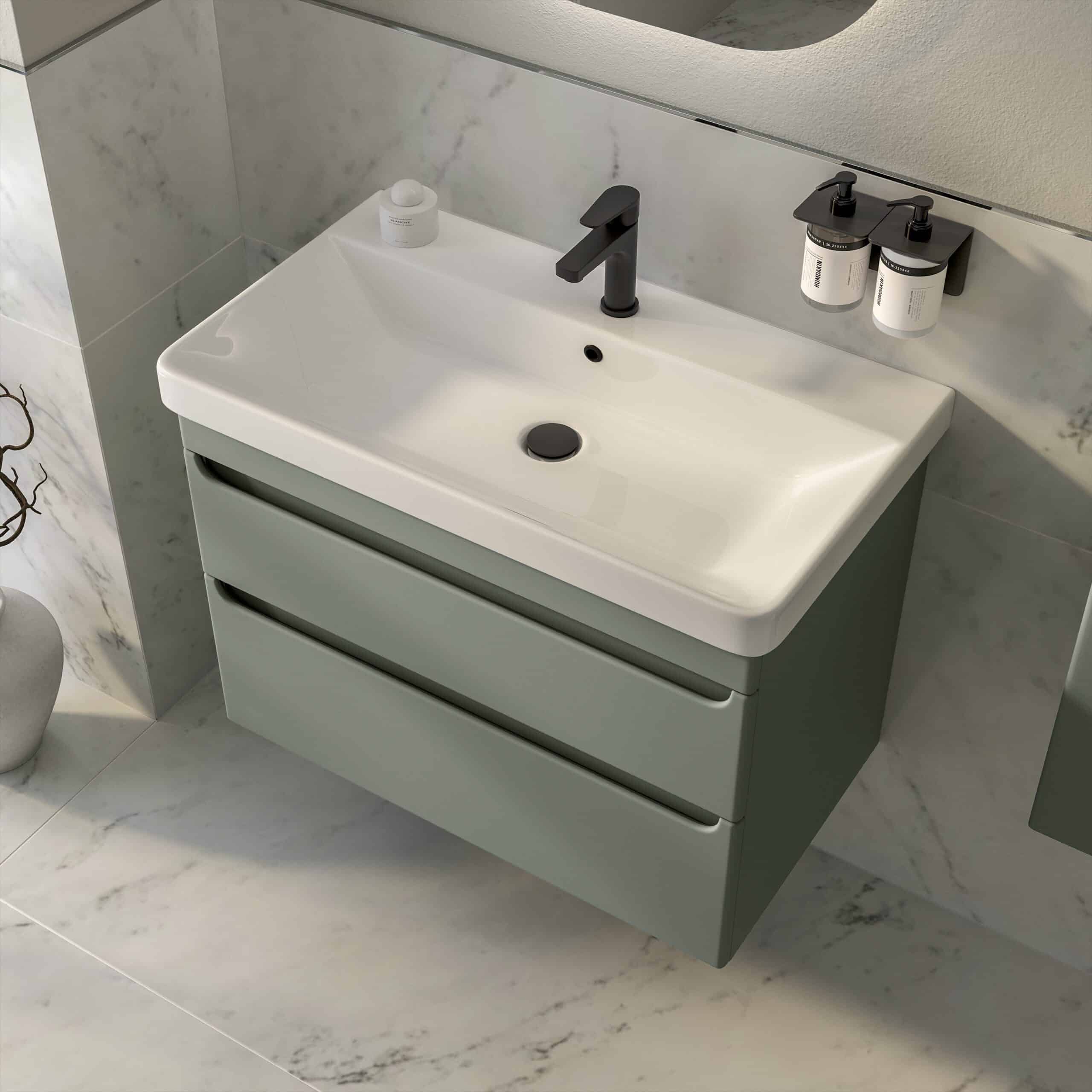 Modern wall-mounted bathroom vanity with integrated sink, matte black tap, and storage drawers, combining sleek design and functionality for contemporary bathrooms.
