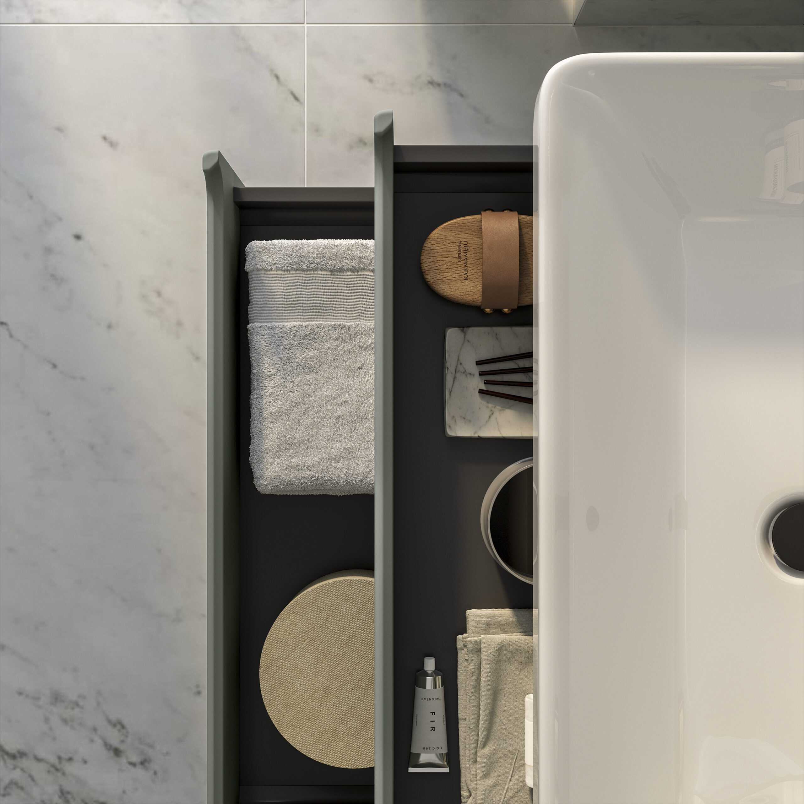 Minimalist bathroom storage with towels, wooden accessories, and toiletries showcasing elegant and functional bathroom organisation.