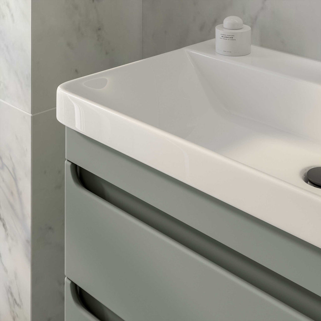 Modern white bathroom sink with sleek grey drawers, minimalistic design, and elegant style for contemporary bathrooms. Perfect for enhancing bathroom aesthetics and functionality.