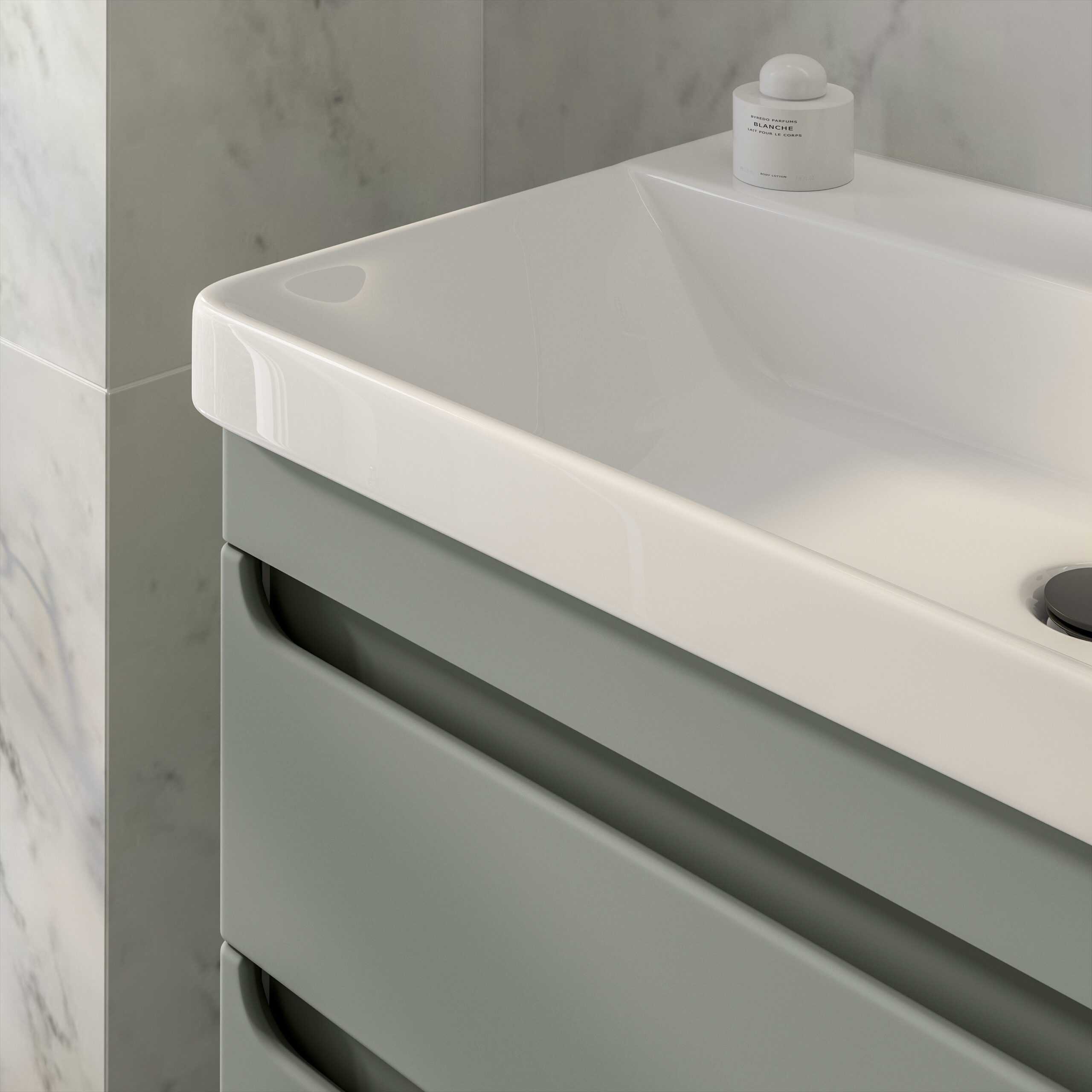 Modern white bathroom sink with sleek grey drawers, minimalistic design, and elegant style for contemporary bathrooms. Perfect for enhancing bathroom aesthetics and functionality.