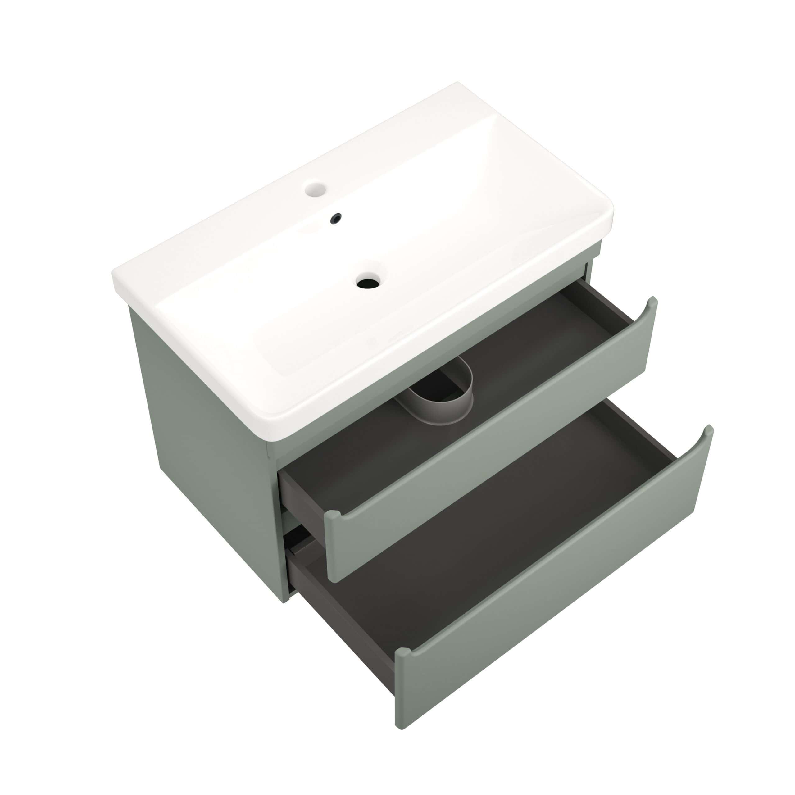 White bathroom vanity with integrated sink and two storage drawers, modern design, ideal for contemporary bathrooms, maximise space with stylish fixtures.
