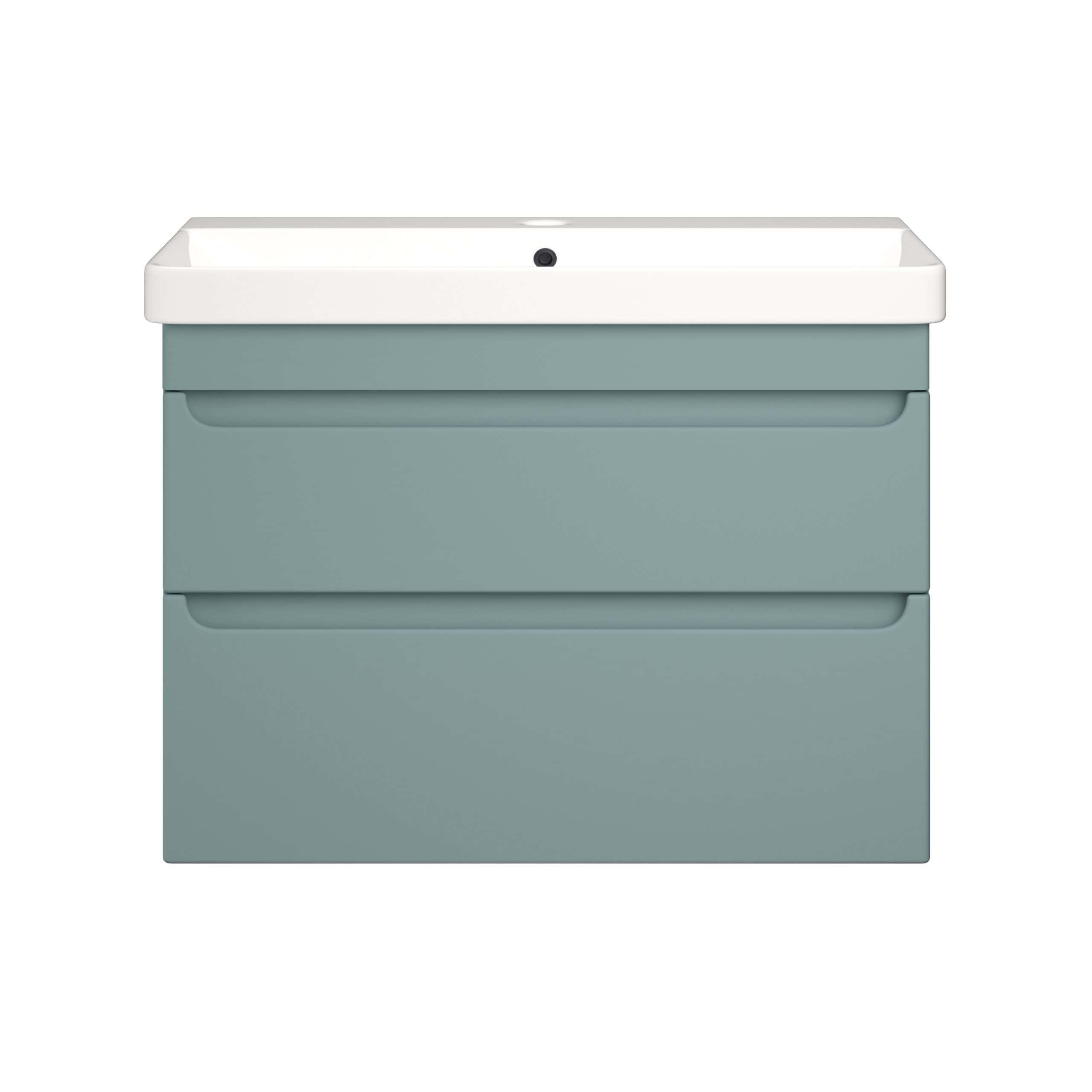 Sleek modern bathroom vanity with built-in sink in soft blue-grey finish, minimalist design, and ample storage drawers for keeping bathroom essentials organised and easily accessible.