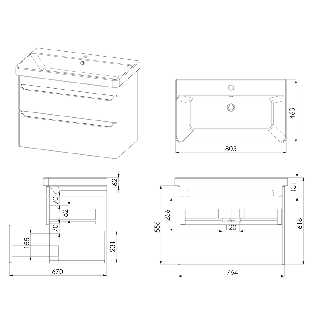 Modern bathroom vanity unit with integrated sink, sleek storage drawers, and precise dimensions for stylish bathroom renovations.