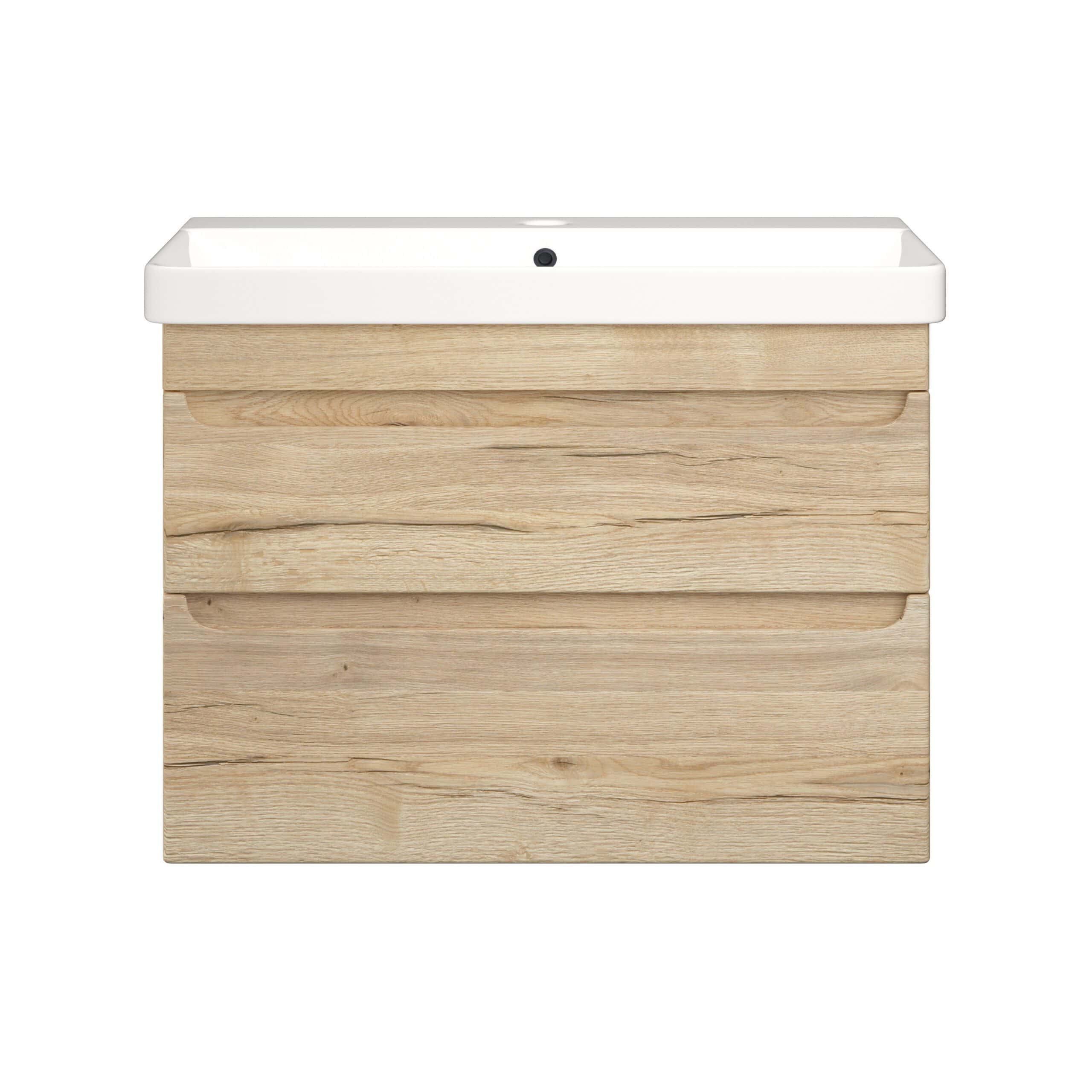 Modern wooden bathroom vanity with ceramic sink, minimalistic design, natural oak finish, ideal for contemporary bathroom interiors - Bubly Bathrooms.