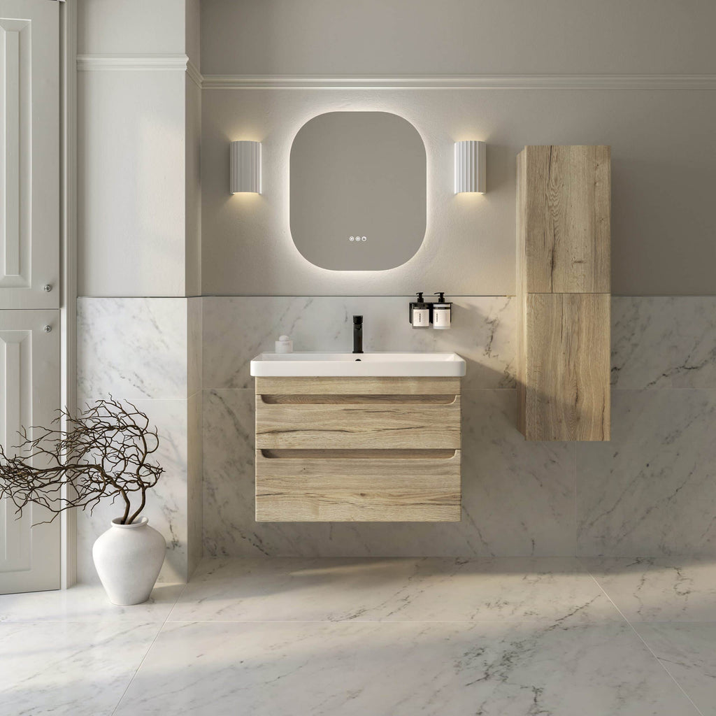 Minimalist bathroom vanity with natural wood finish and marble accents, featuring an illuminated mirror, modern fixtures, and elegant decor.
