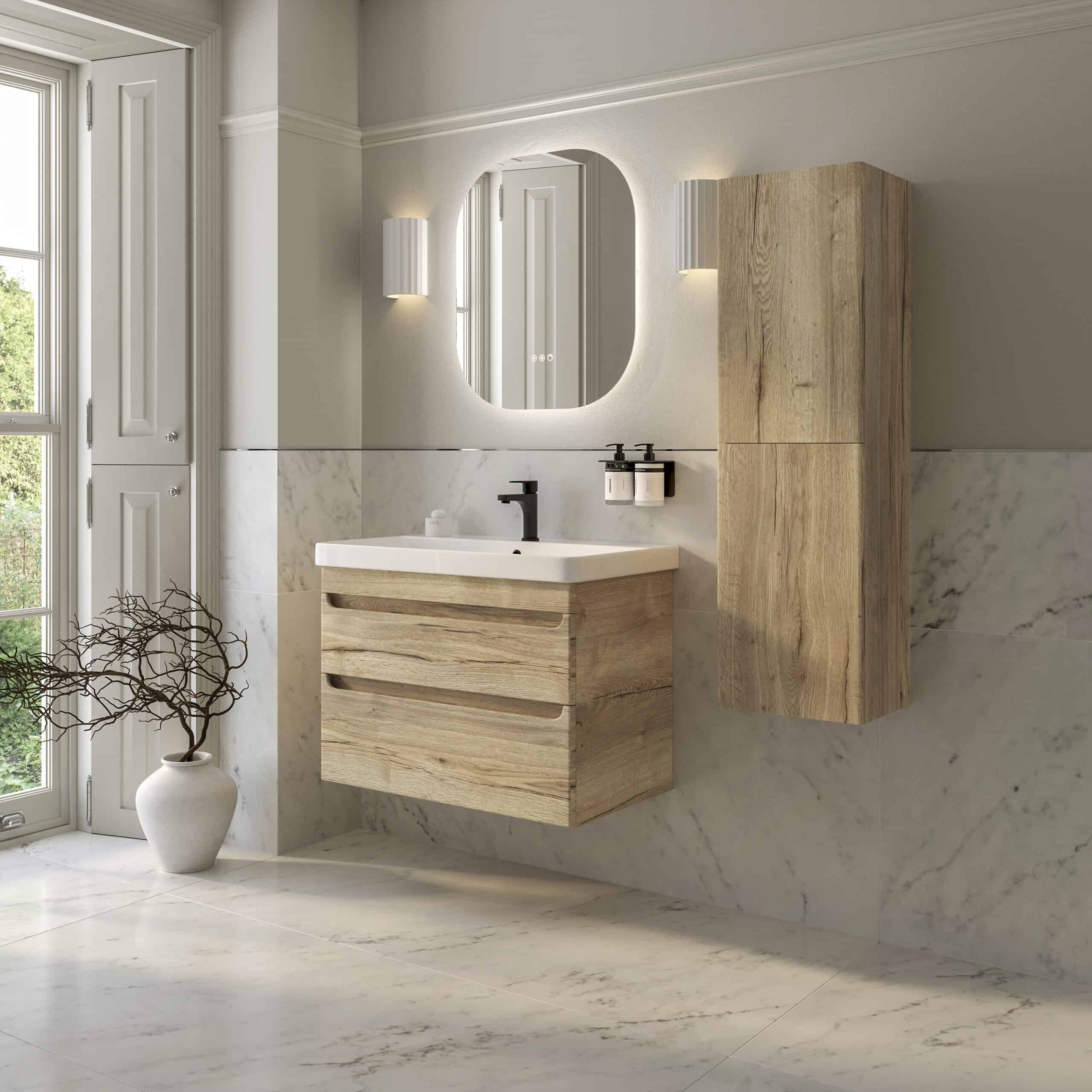 Sleek modern bathroom vanity with a natural wood finish and a minimalist design, featuring a wall-mounted cabinet, a stylish mirror, and elegant wall lighting, set in a bright, marble-tiled space.