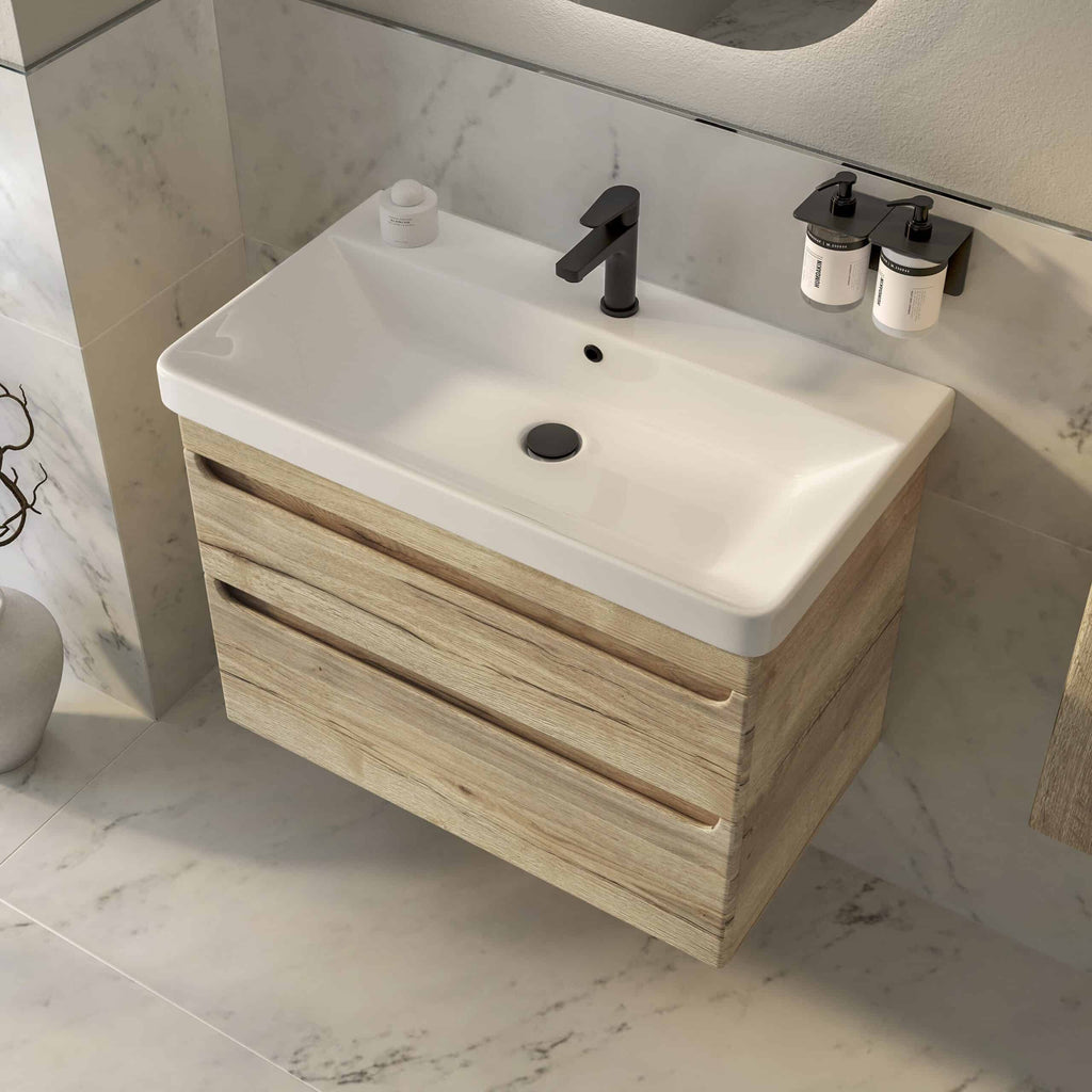 Modern bathroom vanity with white ceramic sink and black fixtures, featuring a sleek wooden cabinet and marble wall backdrop, ideal for contemporary bathroom designs.