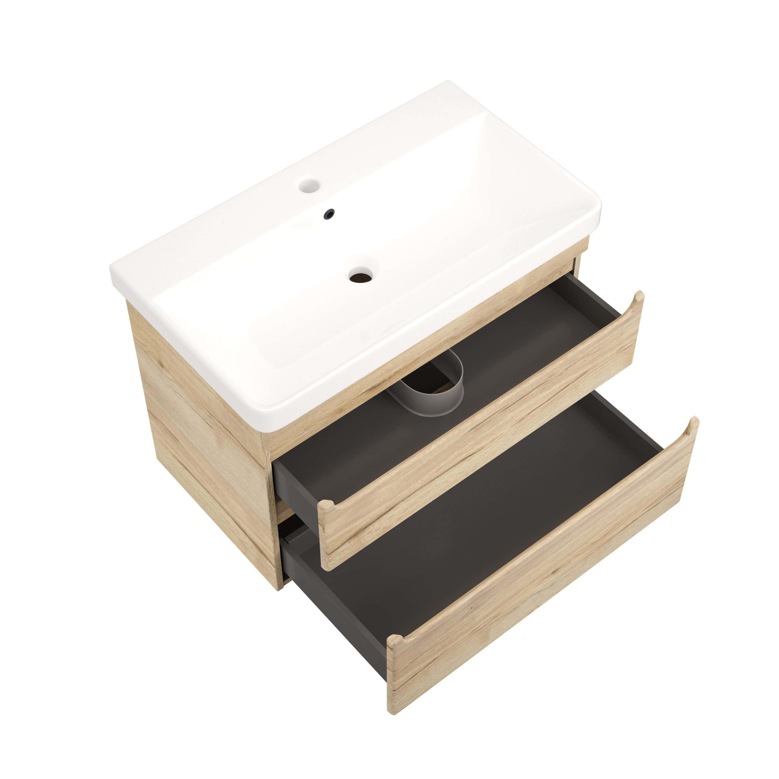 Modern bathroom vanity unit with a white ceramic sink, light wood finish cabinet, and black internal drawers, ideal for stylish bathroom storage and organisation.
