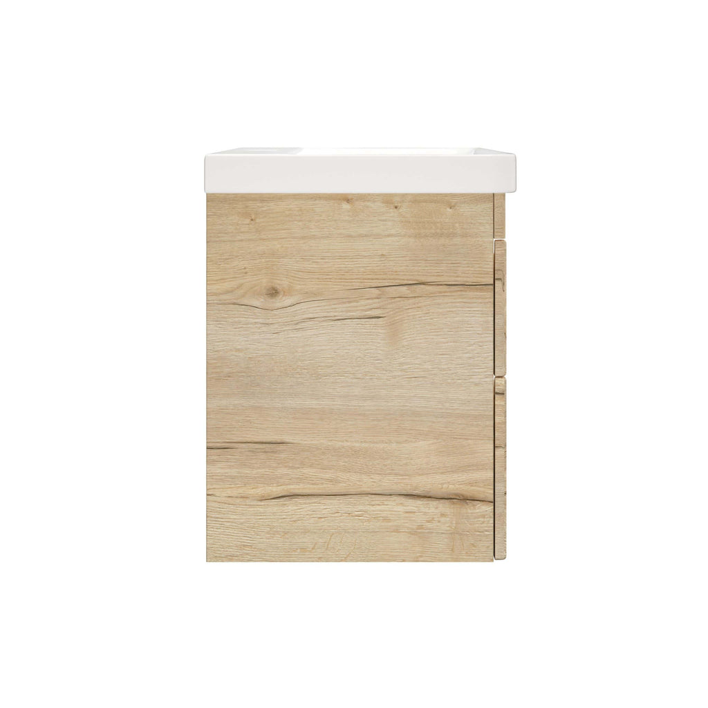 A wooden bathroom vanity unit with a white ceramic sink on top, modern design, perfect for contemporary bathrooms, providing storage and style.