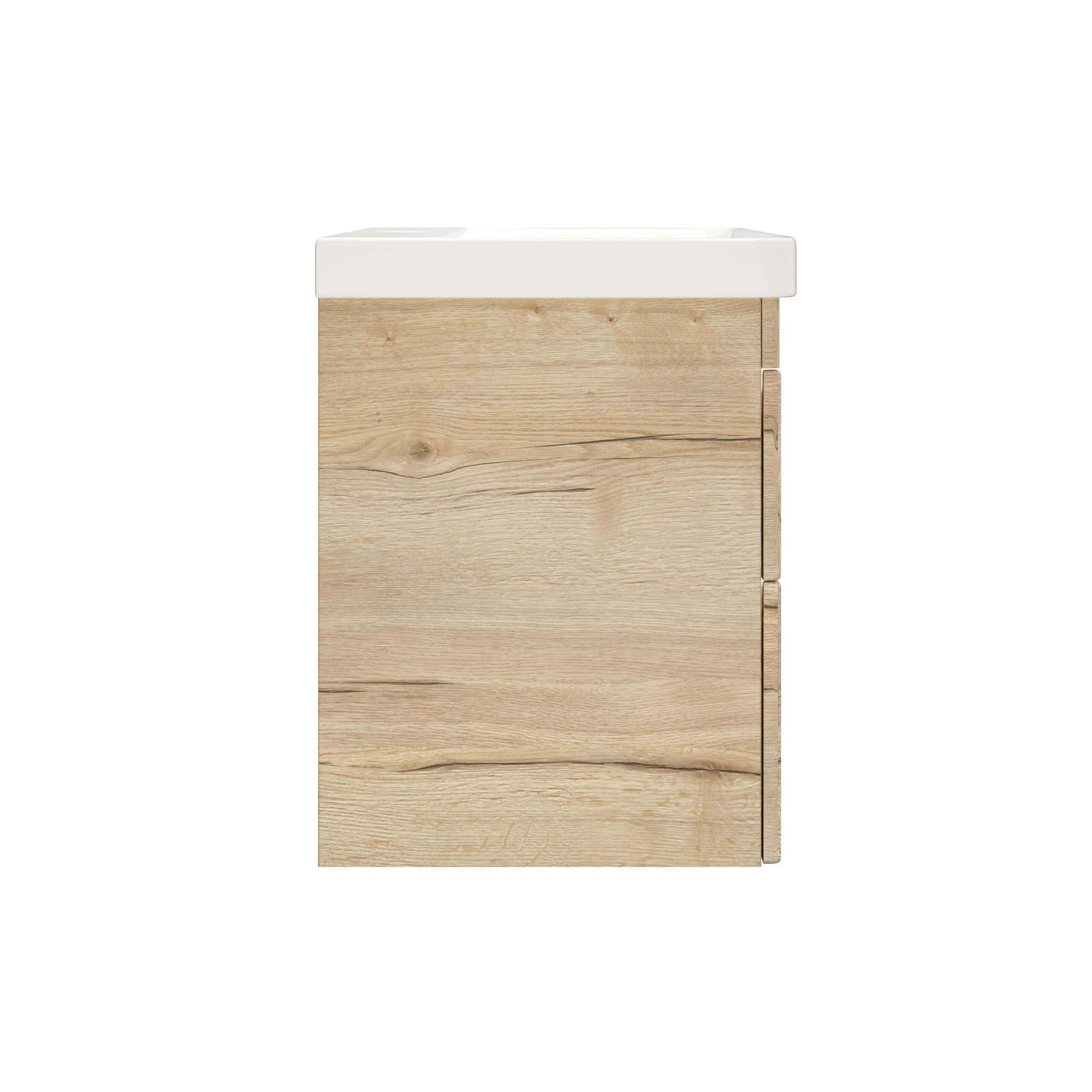 A wooden bathroom vanity unit with a white ceramic sink on top, modern design, perfect for contemporary bathrooms, providing storage and style.