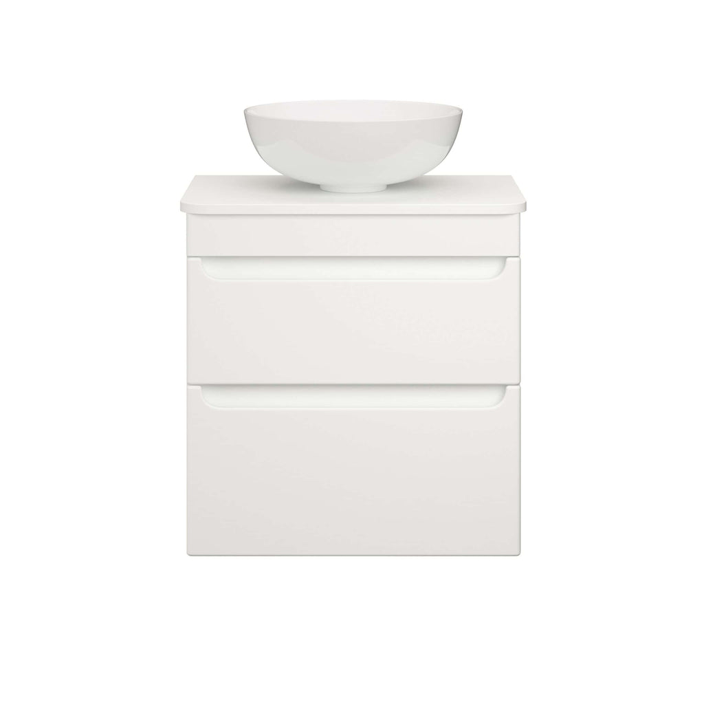 Sleek white bathroom vanity with a modern design, featuring three spacious drawers and a stylish white vessel sink on top.