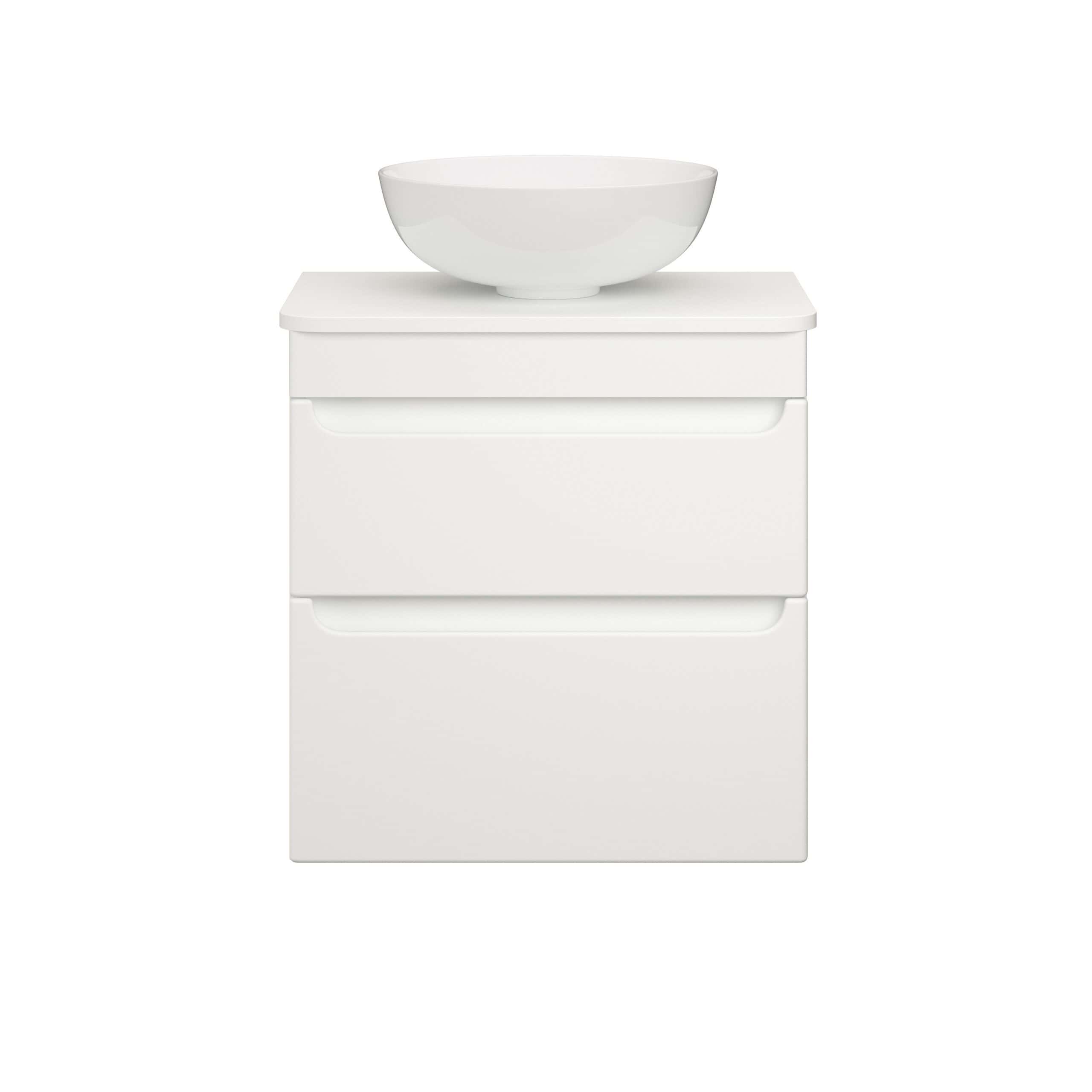 Sleek white bathroom vanity with a modern design, featuring three spacious drawers and a stylish white vessel sink on top.