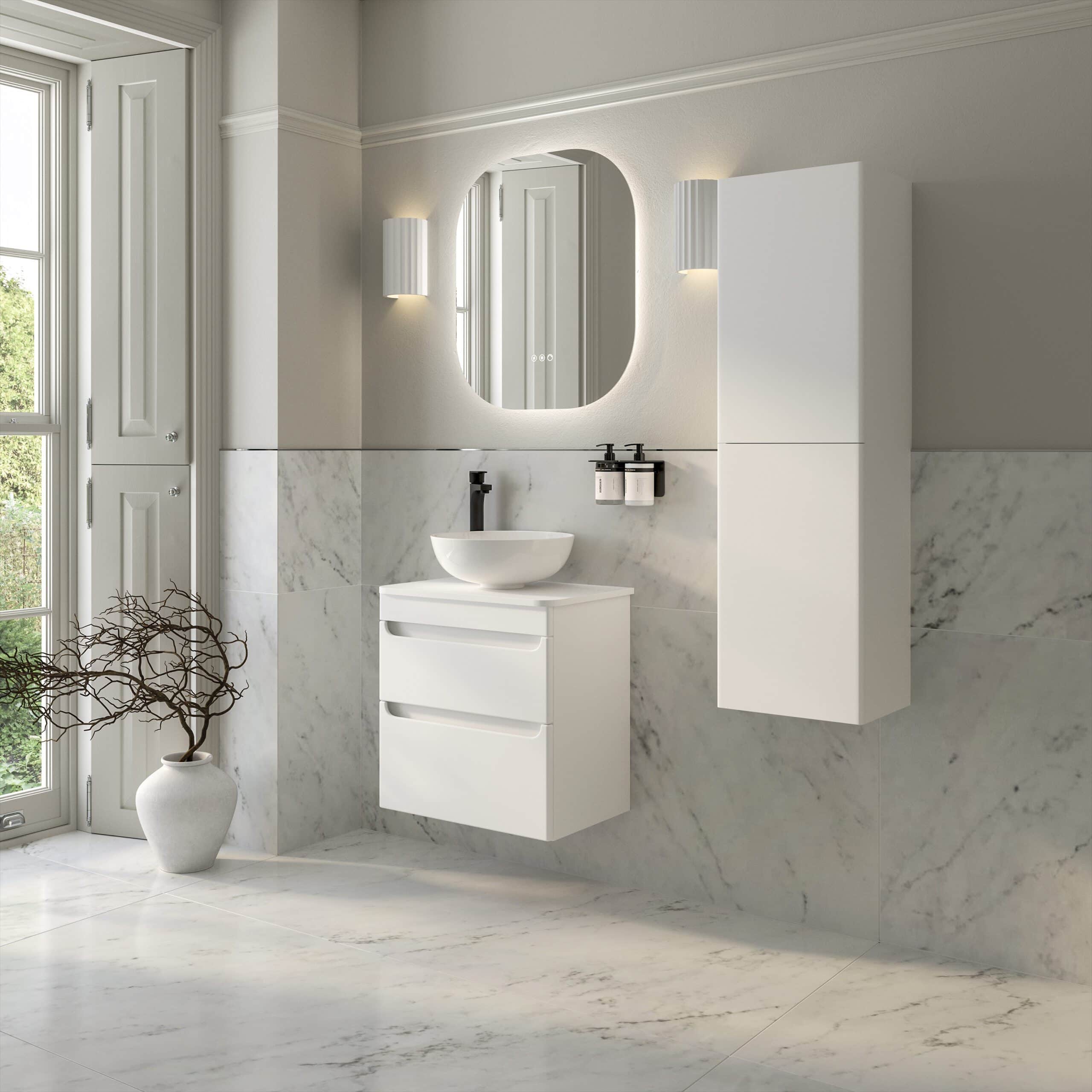 Modern white bathroom vanity with vessel sink, sleek cabinet, and minimalist wall-mounted storage in a stylish marble-tiled bathroom, ideal for contemporary bathroom designs.