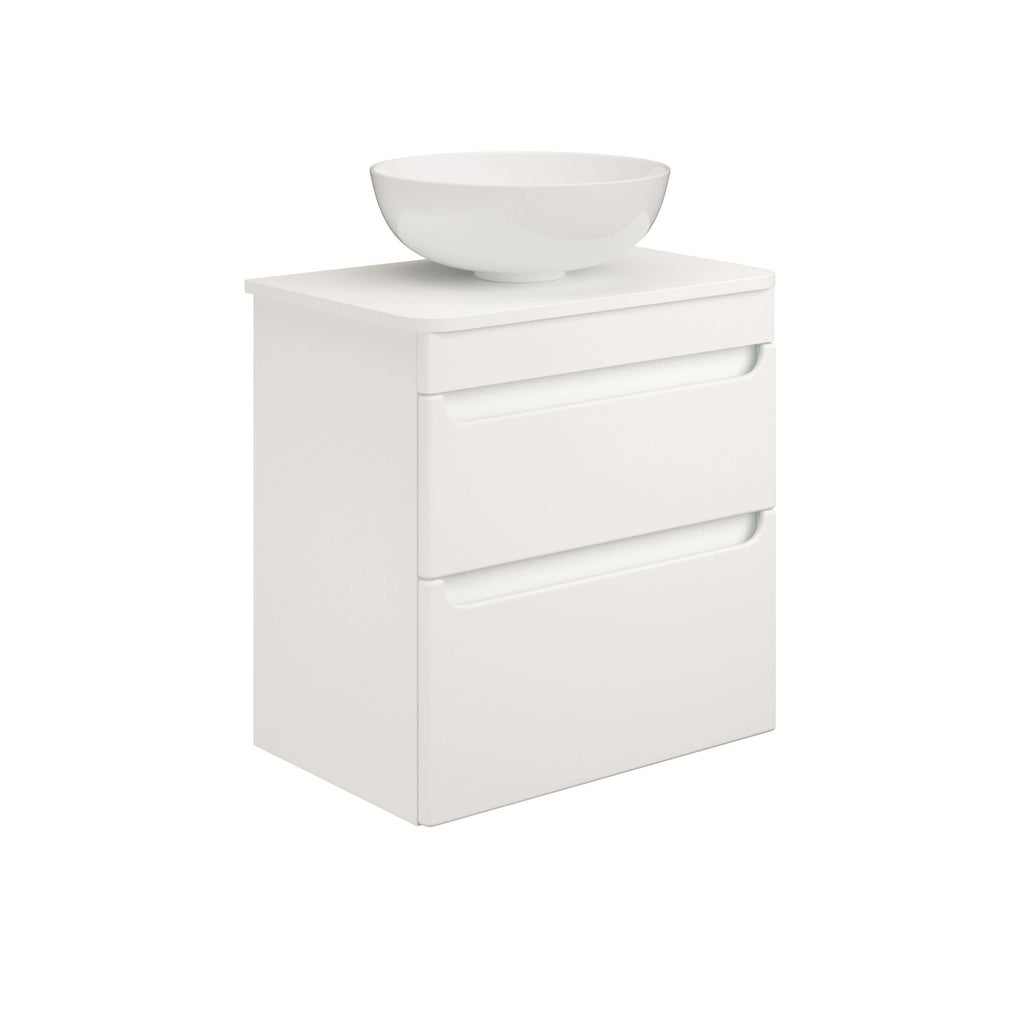 Sleek white bathroom vanity with integrated drawers and a stylish ceramic vessel sink, ideal for modern bathroom storage and design.