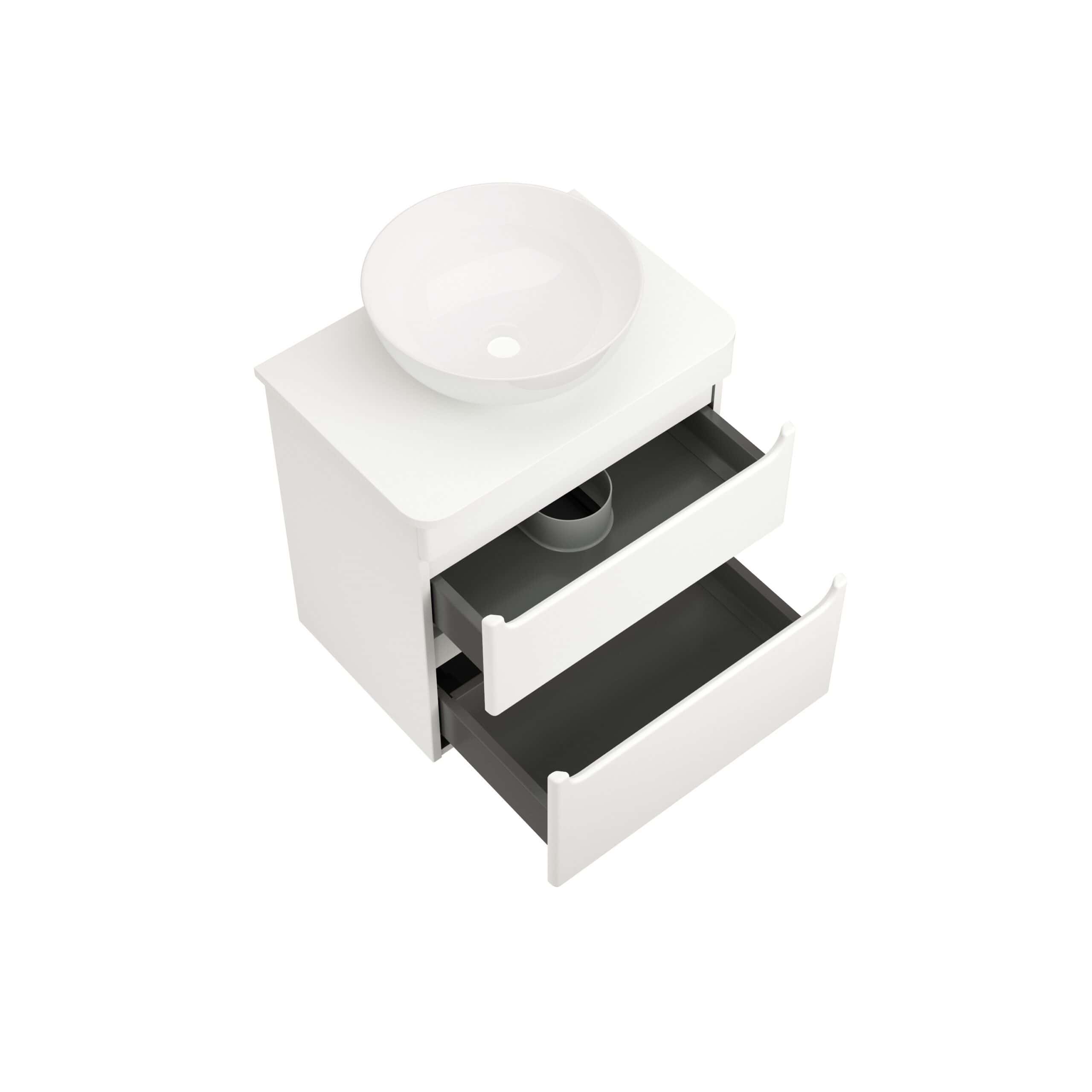 Sleek white bathroom vanity unit with a round above-counter basin and open drawers, ideal for modern bathroom storage and stylish decor. Durable and space-saving design by Bubly Bathrooms.