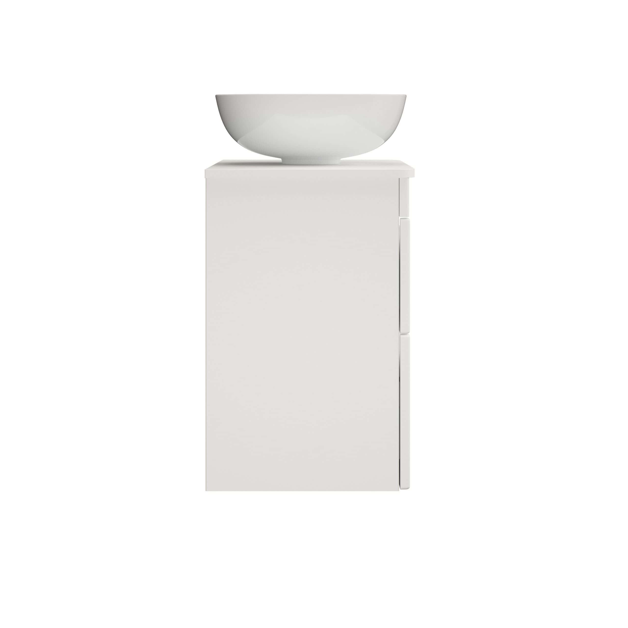 Sleek white bathroom vanity with a modern basin, ideal for contemporary bathroom designs, offering stylish storage solutions and elegant fixtures. Perfect for creating a clean and minimalist bathroom space.