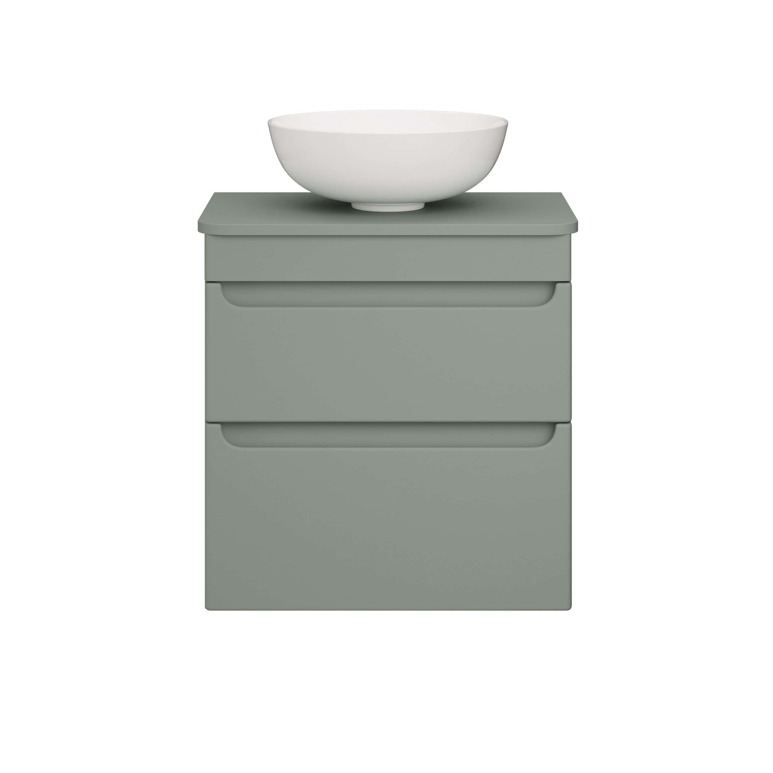 Minimalist grey bathroom vanity with integrated storage drawers and a modern white vessel sink, perfect for contemporary bathroom designs.