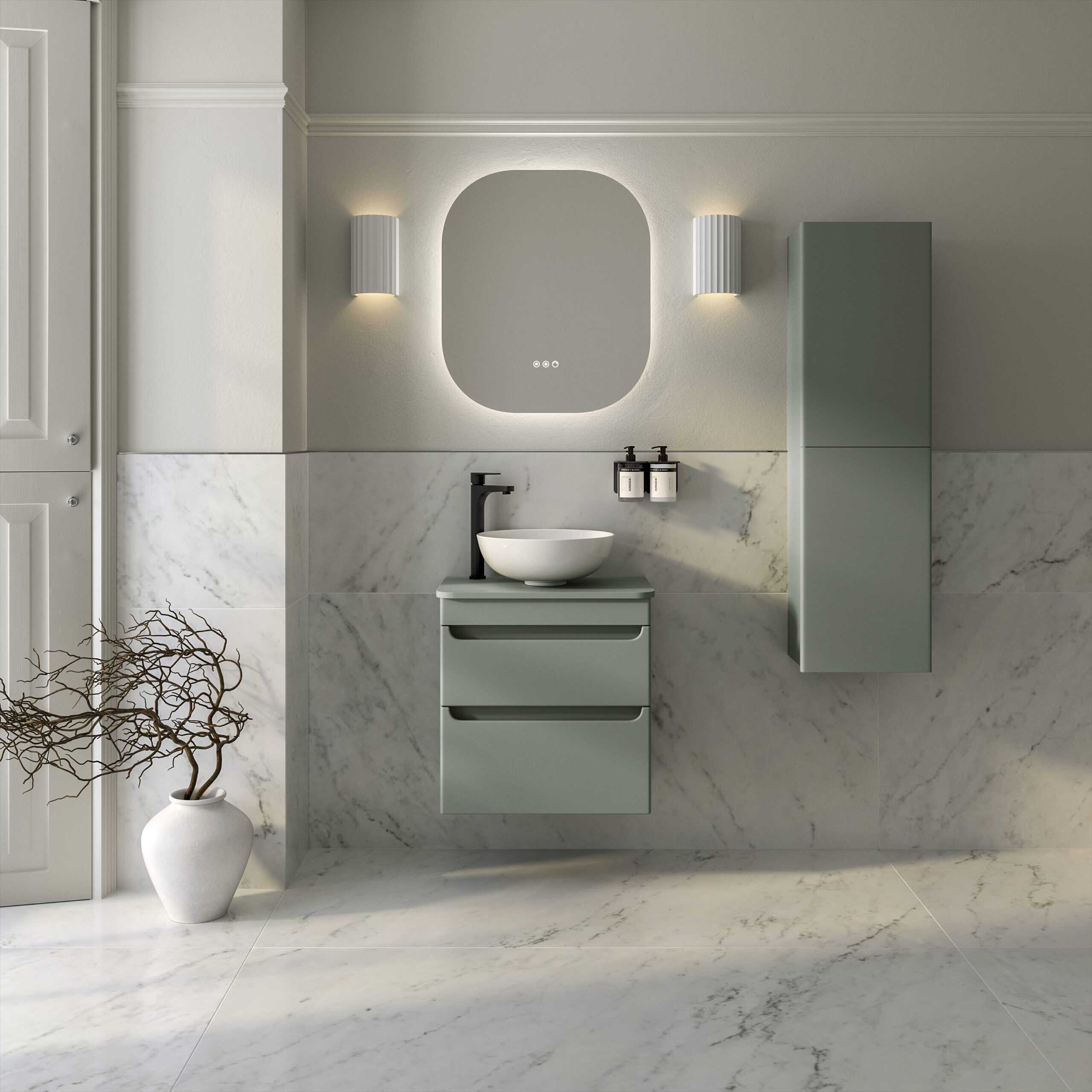 Sleek modern bathroom with minimalist grey cabinetry, marble tiles, and a stylish basin featuring black fixtures, creating a contemporary and elegant look.