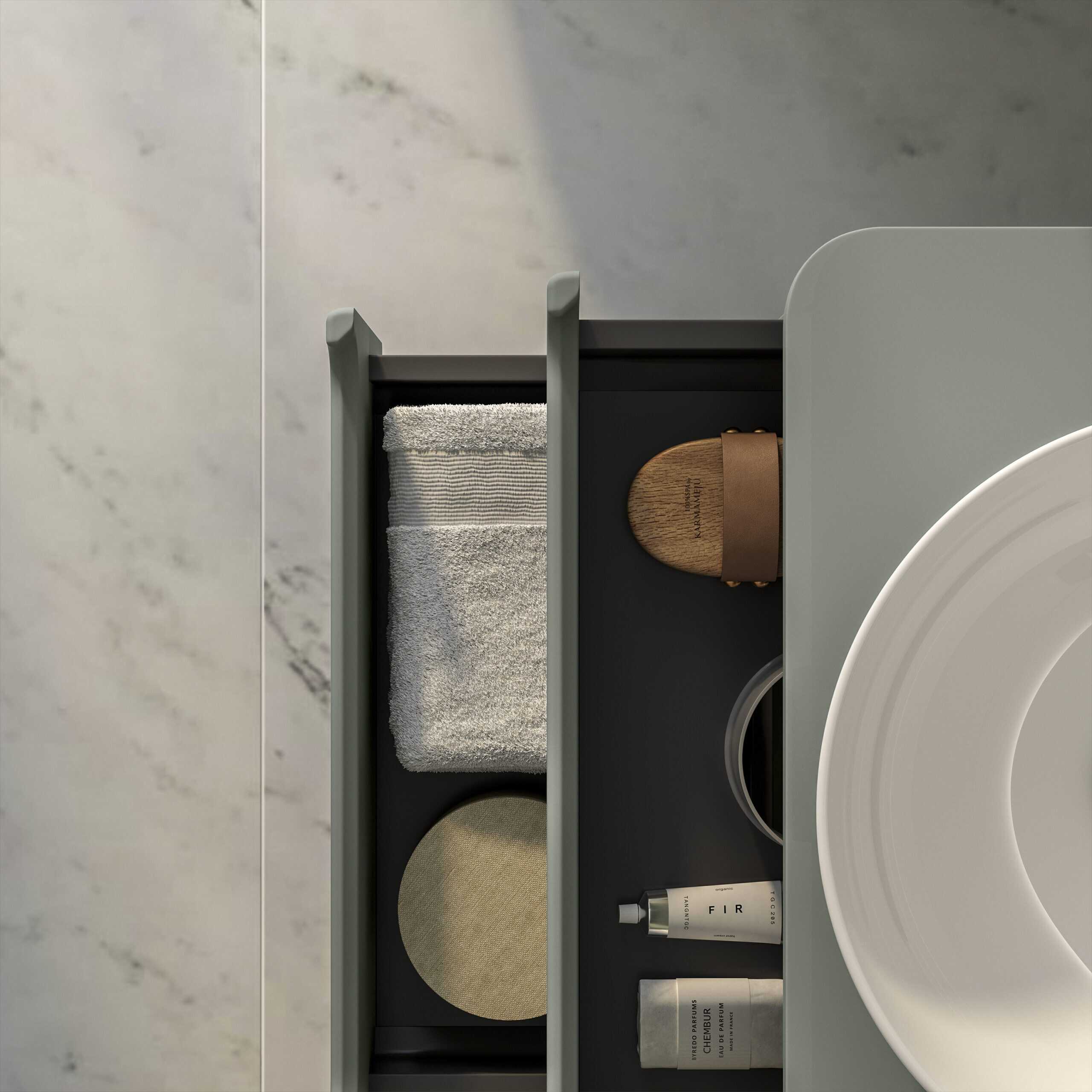Sleek bathroom storage unit with towels and toiletries, modern design, minimalistic aesthetic for contemporary Bubly Bathrooms.