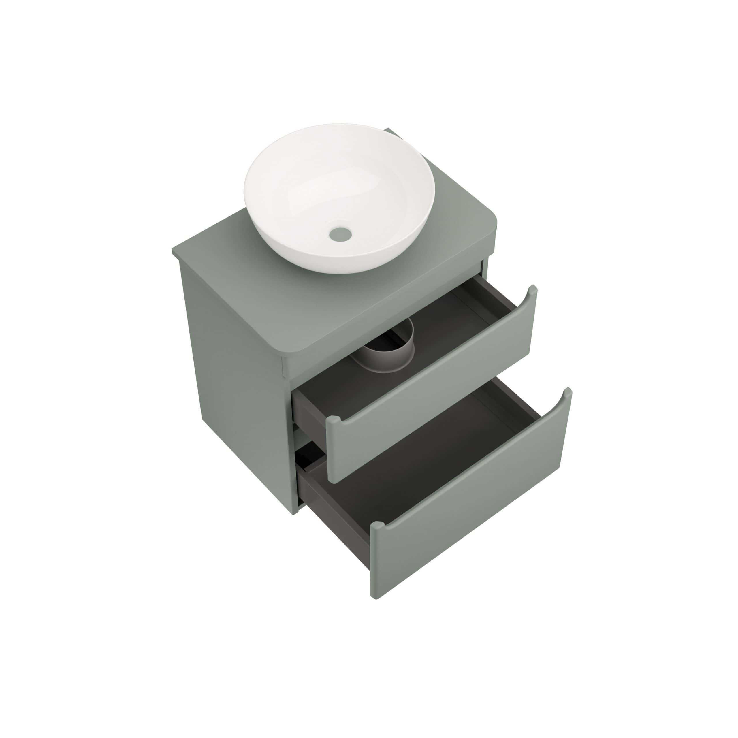 Vessel bathroom sink with green vanity and open drawers, modern minimalist design, suitable for contemporary bathroom interiors, showcasing stylish storage solutions.
