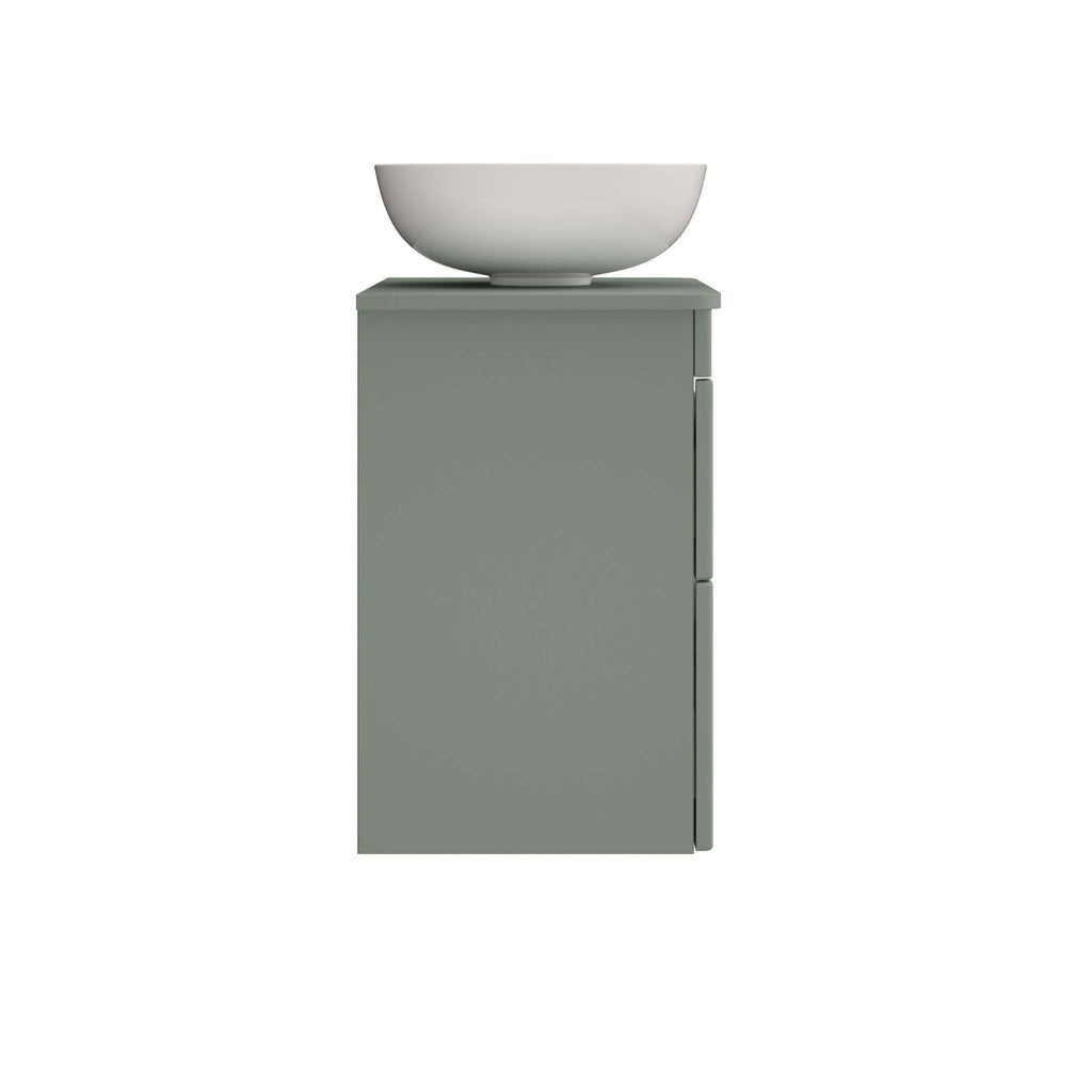 Sleek grey bathroom vanity unit with a modern white vessel sink, perfect for contemporary bathroom design and storage solutions.