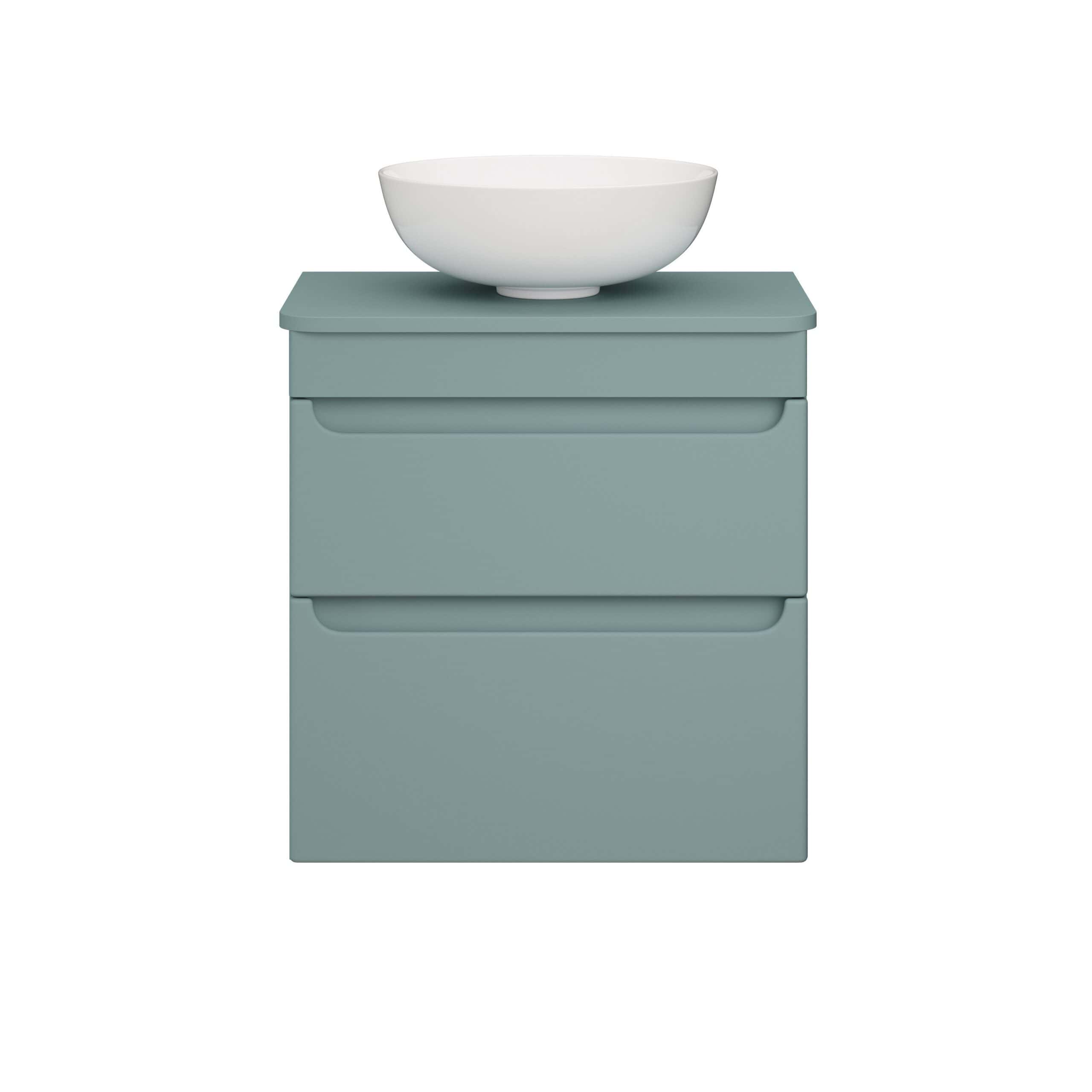 Modern bathroom vanity unit with a white vessel sink on top, featuring sleek storage drawers in muted teal colour, ideal for contemporary bathroom design.