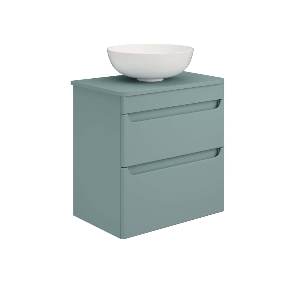 Minimalist bathroom vanity unit with a modern design and soft blue finish, featuring three spacious drawers and a sleek white bowl sink on top for contemporary bathroom decor.