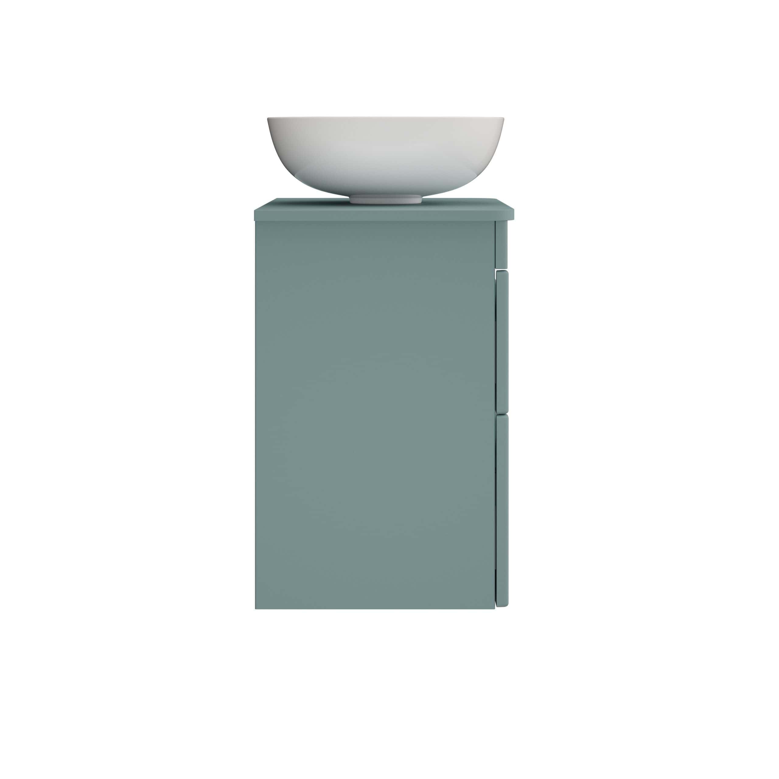 Sleek grey bathroom vanity with a modern white vessel sink, designed by Bubly Bathrooms for stylish and functional bathroom renovations. Perfect for contemporary bathroom interiors.