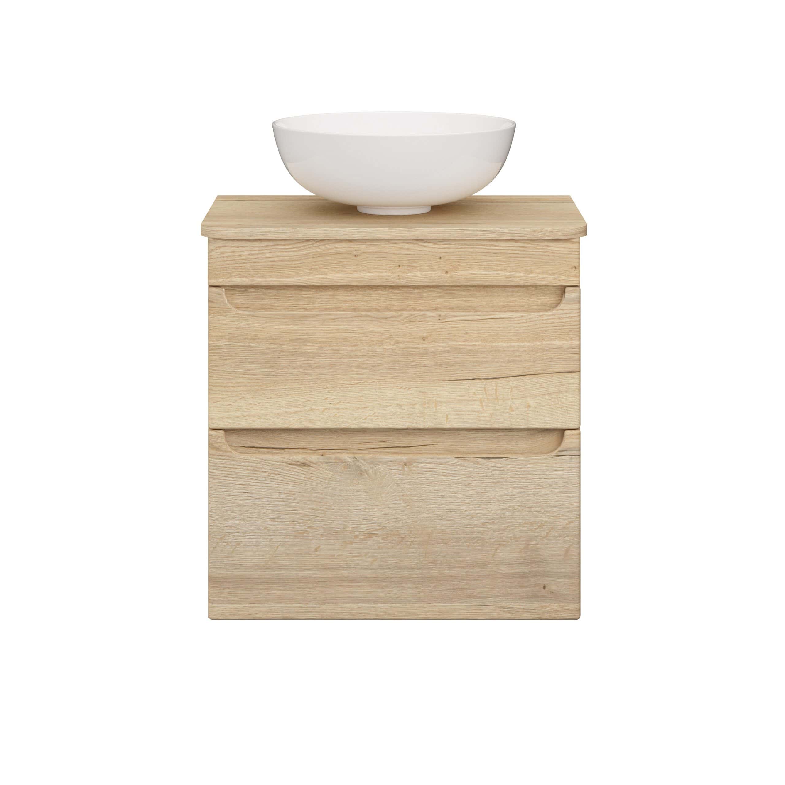 Natural wooden bathroom vanity with integrated storage drawers and a minimalist white ceramic wash basin, perfect for modern bathroom decor.