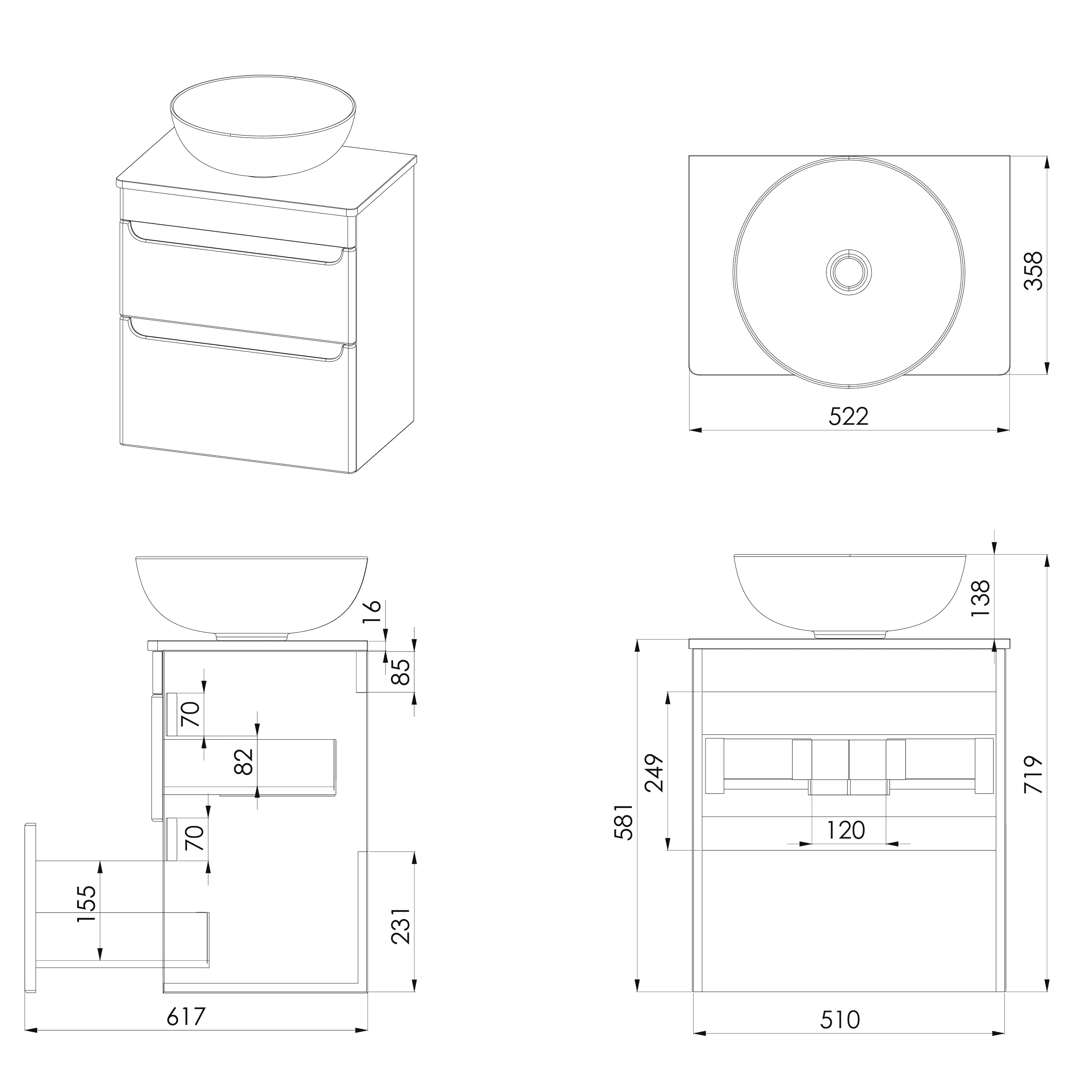 Sleek modern bathroom vanity with circular vessel sink, designed for contemporary bathrooms, featuring ample storage drawers and durable materials for stylish functionality.