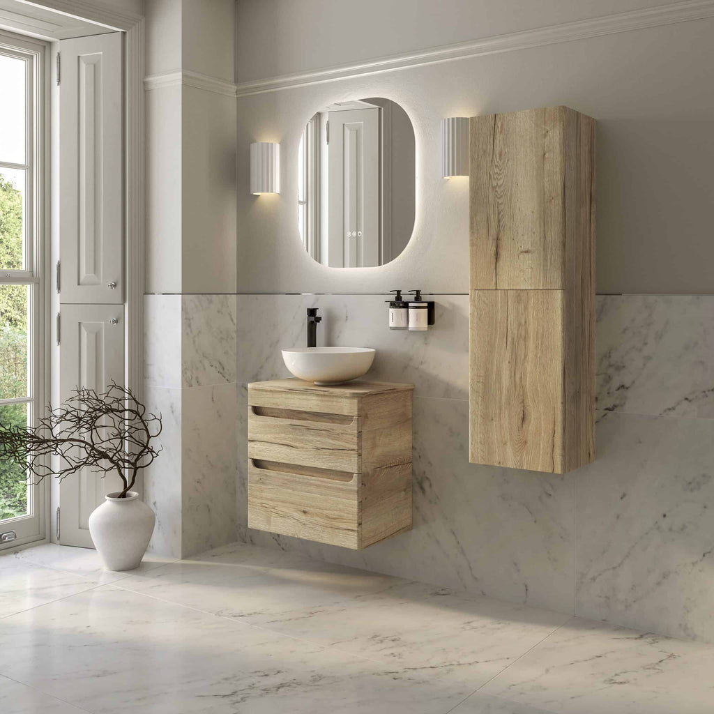 Sleek modern Bathroom vanity with natural wood finish, wall-mounted storage cabinet, and round vessel sink in a contemporary batroom design. Perfect for stylish and functional bathroom storage.