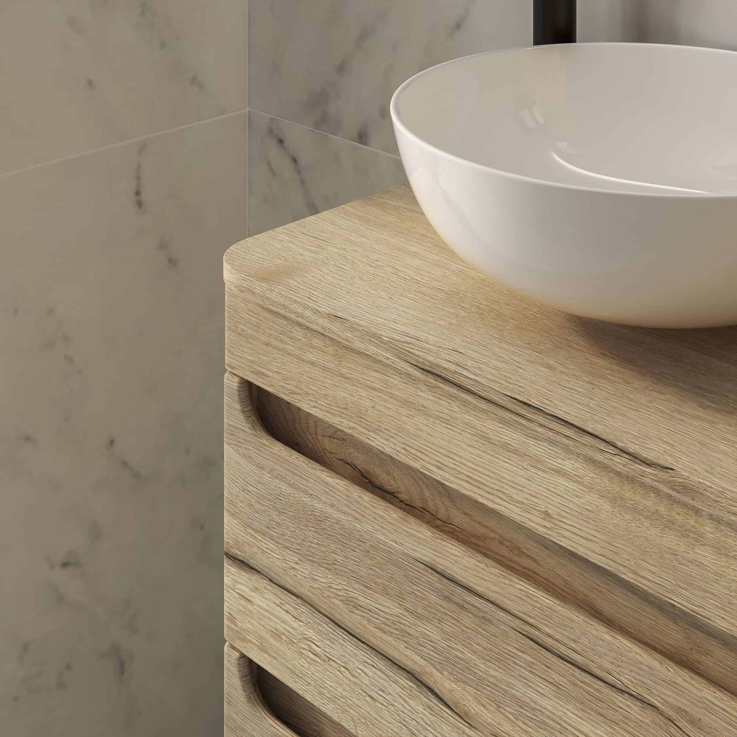 Handcrafted wooden bathroom vanity with a modern white vessel sink, perfect for contemporary Bubly Bathrooms installations. Durable teak wood finish enhances natural aesthetics.