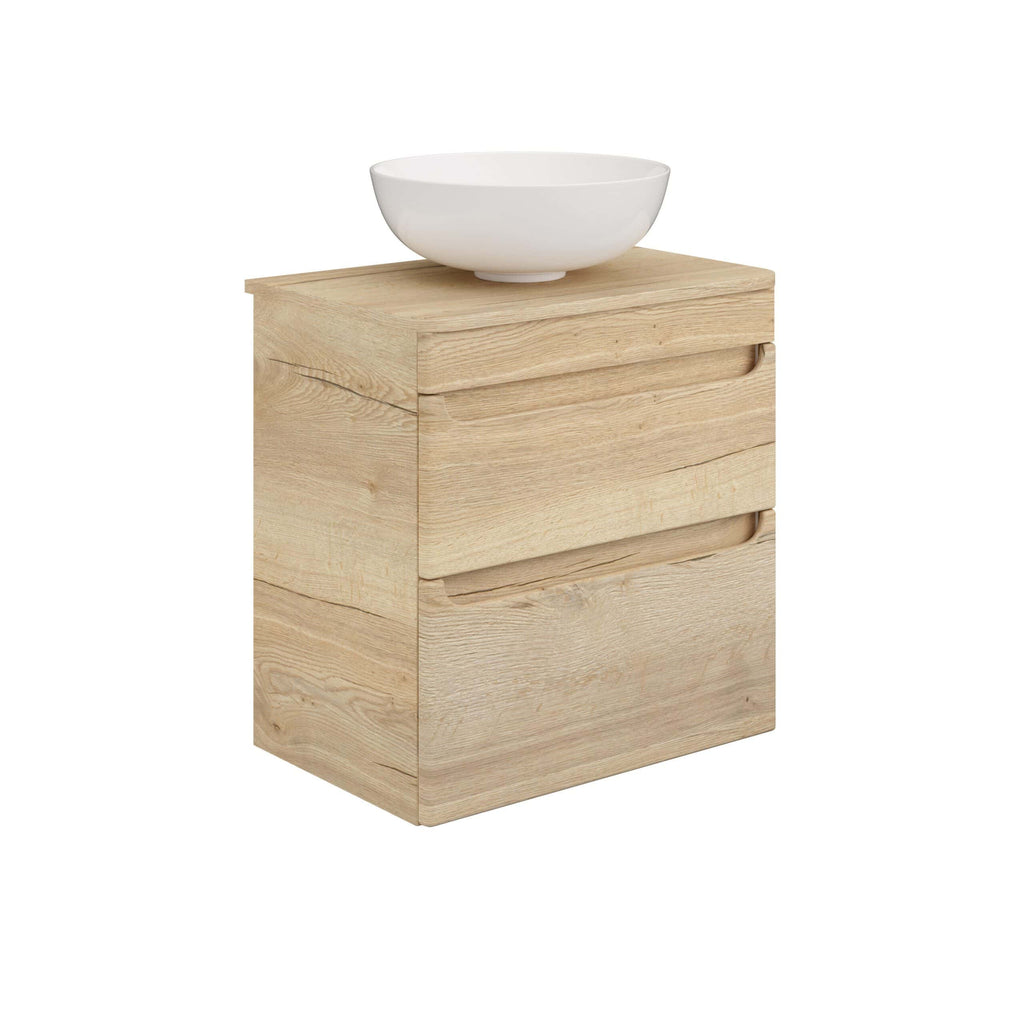 Natural wooden bathroom vanity with integrated drawers and a modern white basin sink, perfect for contemporary bathroom interiors. High-quality craftsmanship and durable materials.