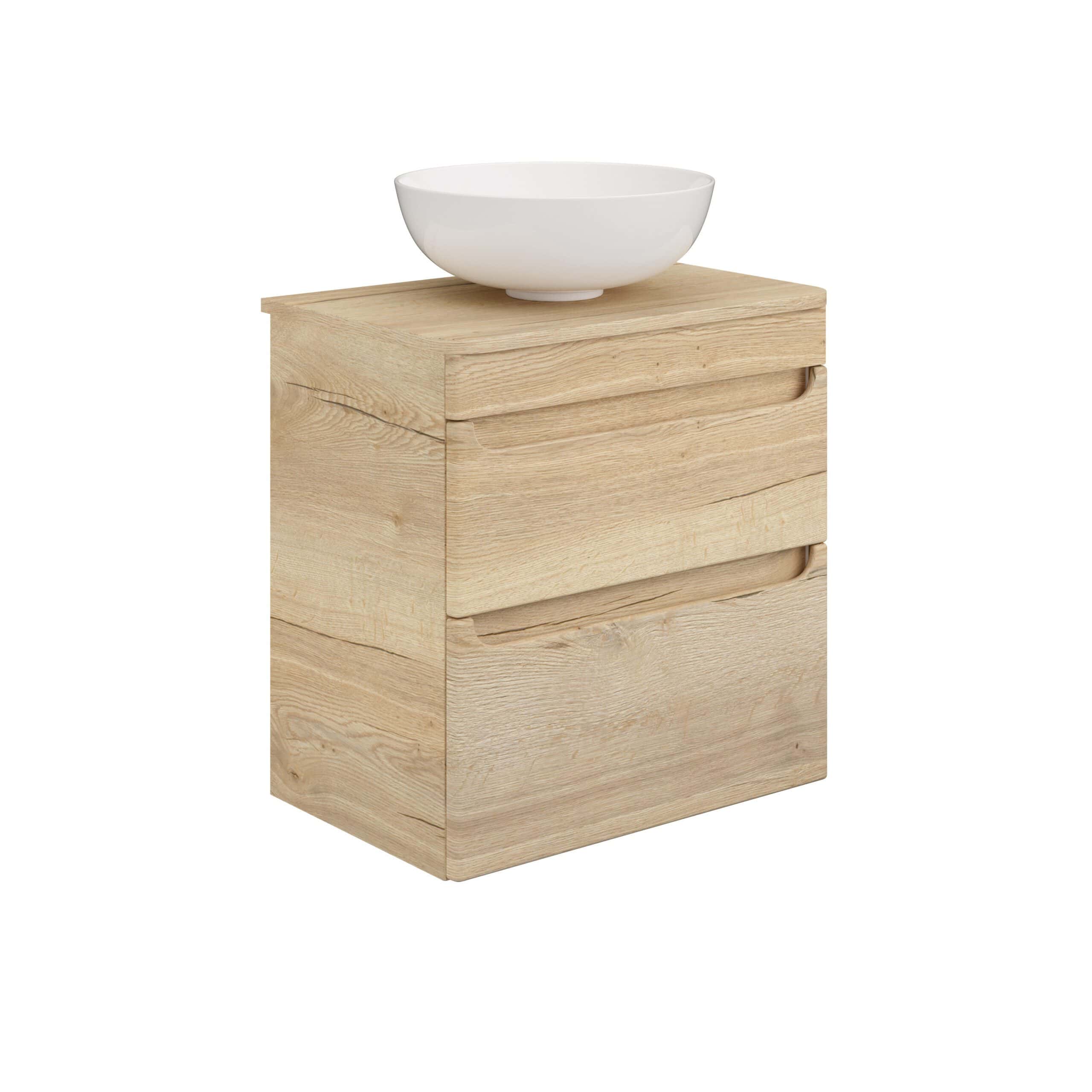 Natural wooden bathroom vanity with integrated drawers and a modern white basin sink, perfect for contemporary bathroom interiors. High-quality craftsmanship and durable materials.
