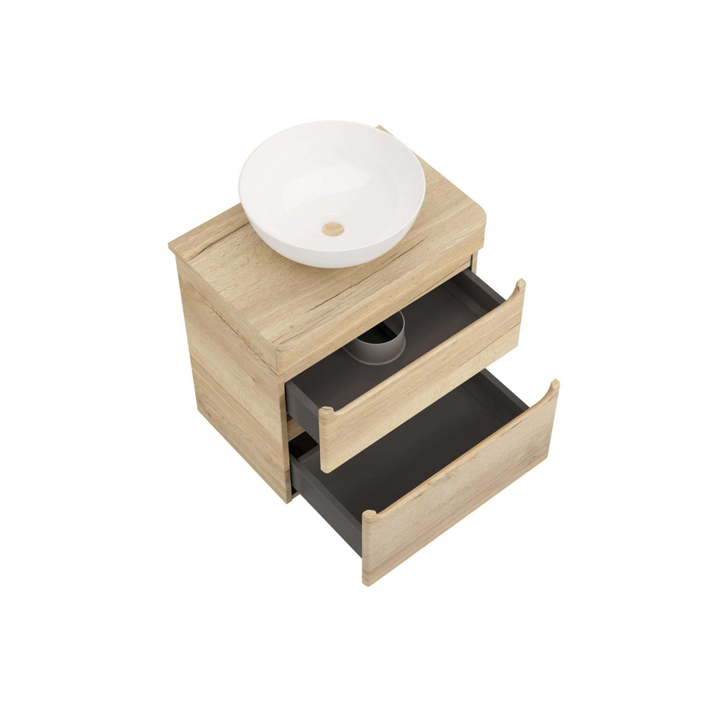 Sustainable oak bathroom vanity with a modern white vessel basin, two spacious drawers, and grey interiors, blending contemporary design with eco-friendly materials for stylish bathroom storage.