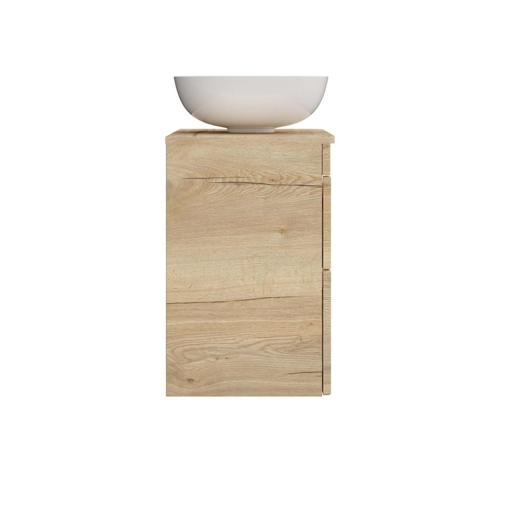 Stylish bathroom vanity with natural wood finish and white ceramic washbasin, perfect for modern bathroom decor and space-saving design.