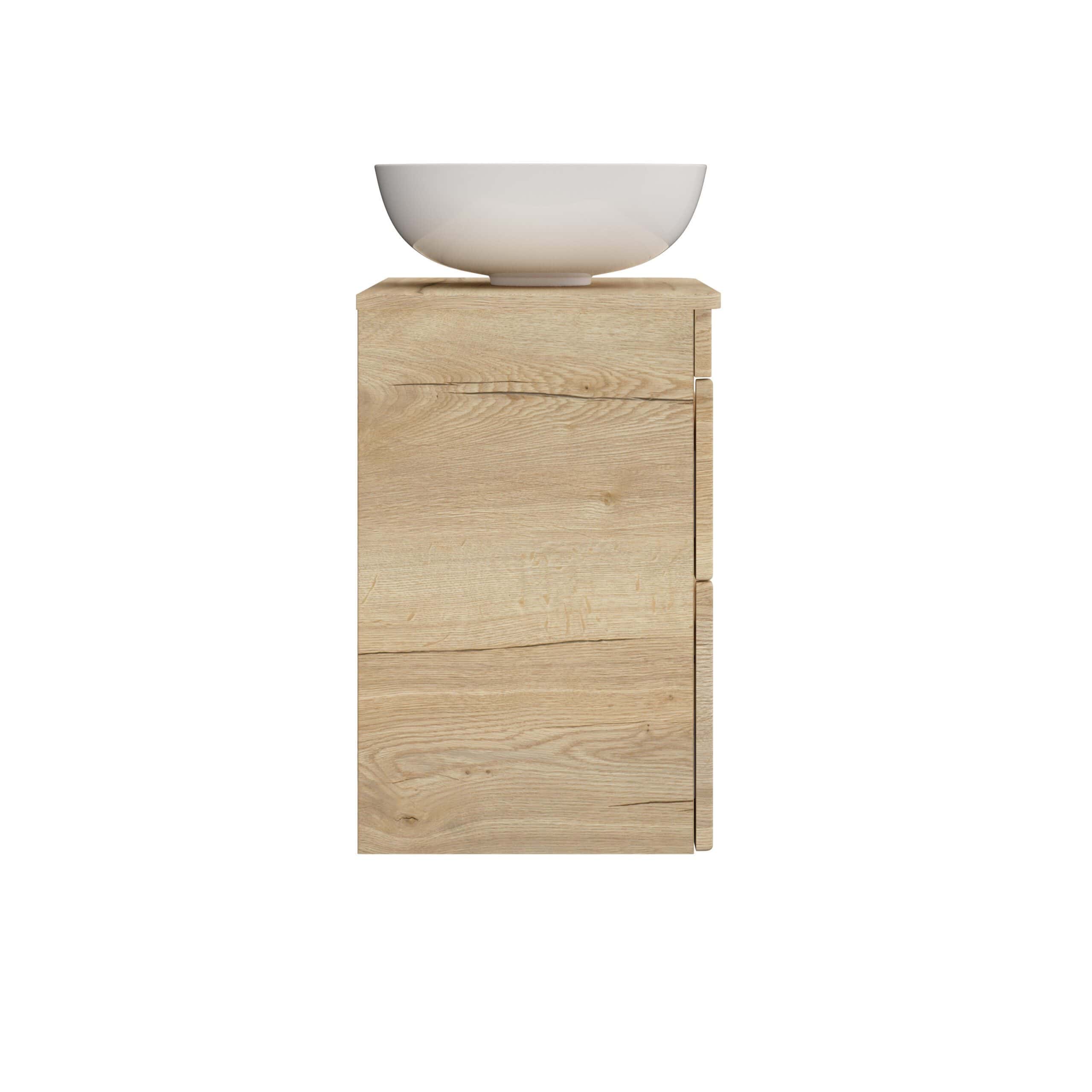 Stylish bathroom vanity with natural wood finish and white ceramic washbasin, perfect for modern bathroom decor and space-saving design.