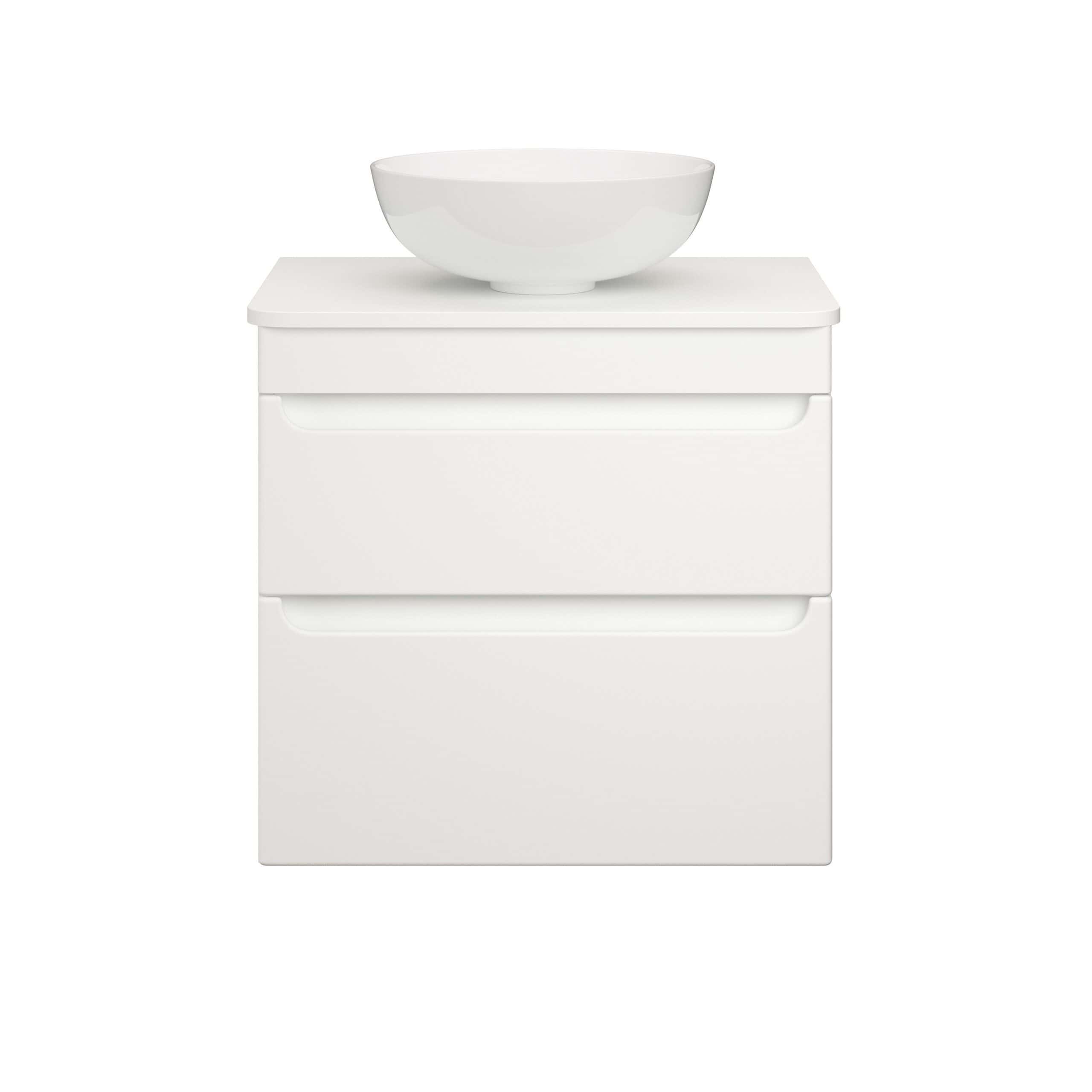White modern bathroom vanity with integrated sink and bowl, minimalistic design, ideal for contemporary bathroom interiors, featuring clean lines and ample storage space.