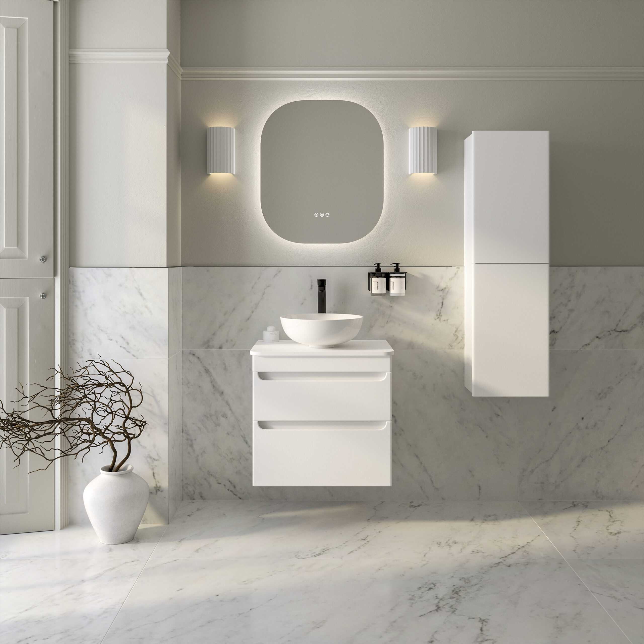 Stylish modern bathroom with floating vanity unit, wall-mounted mirror, and minimalist decor, featuring marble tiles and contemporary lighting for a sleek bathroom design.