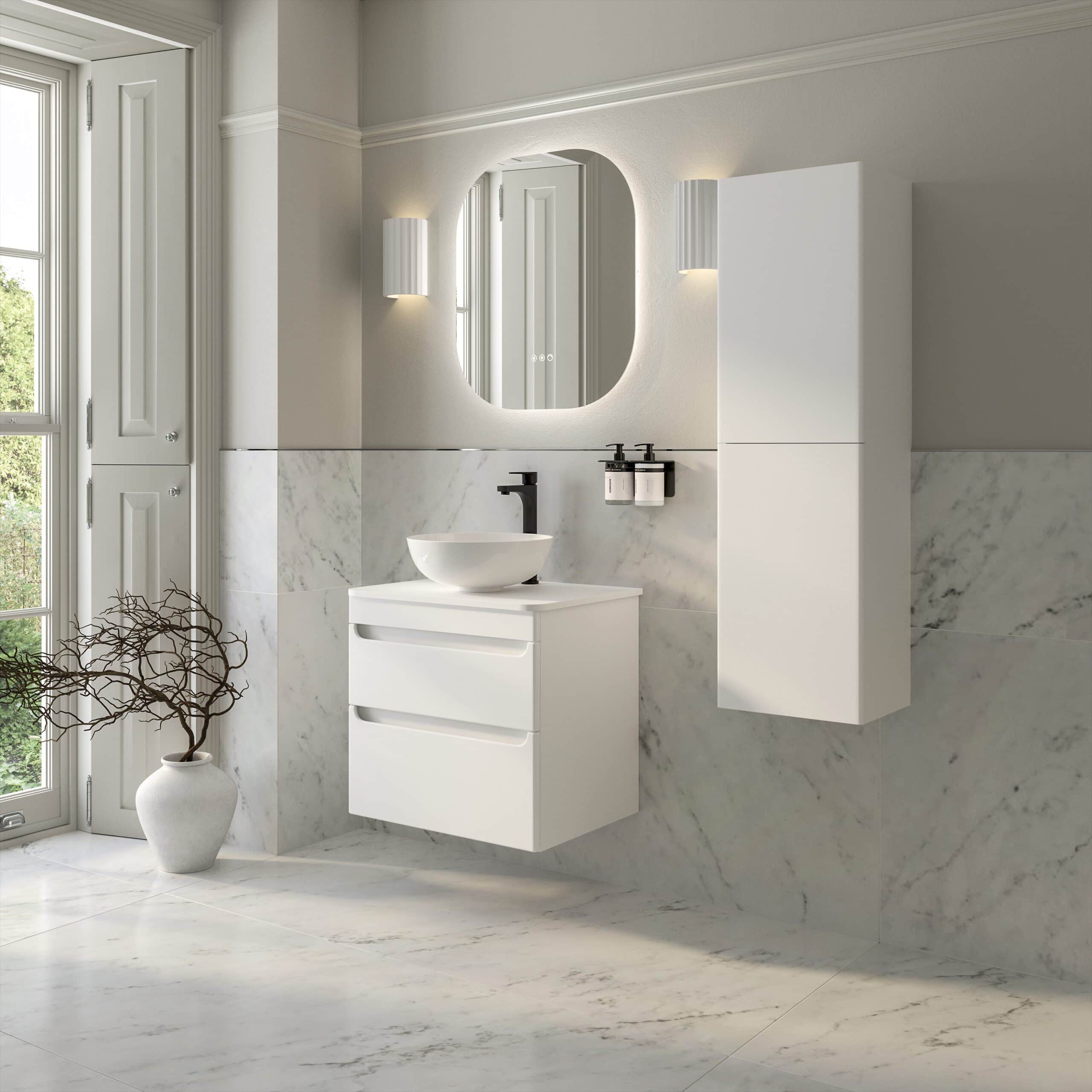 Modern white bathroom vanity with integrated sink and sleek storage drawers, complemented by wall-mounted cabinets and minimalist fixtures in a elegant marble-tiled space.