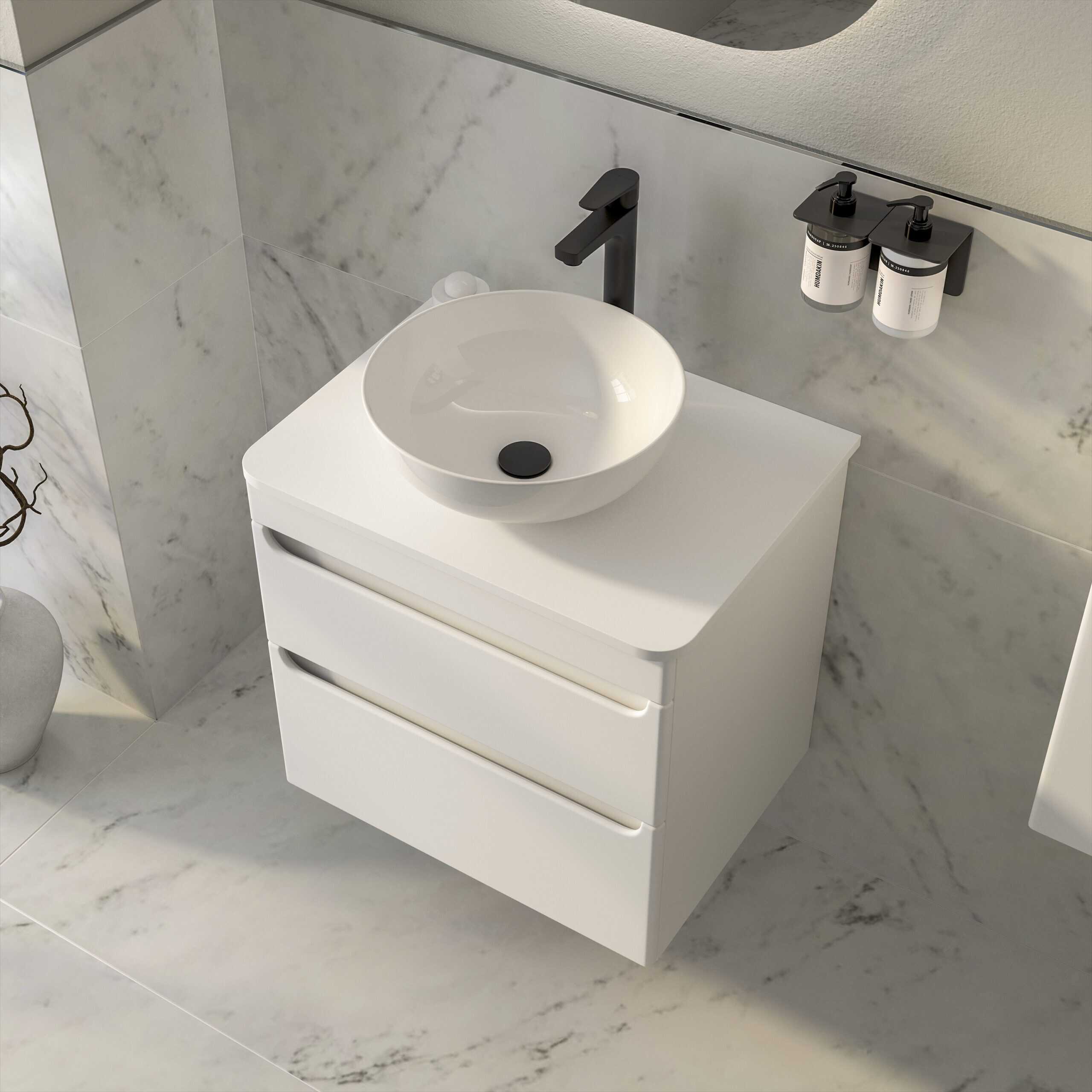 Sleek modern white bathroom vanity with round vessel sink and matte black fixtures, featuring integrated storage drawers for a minimalist bathroom update.